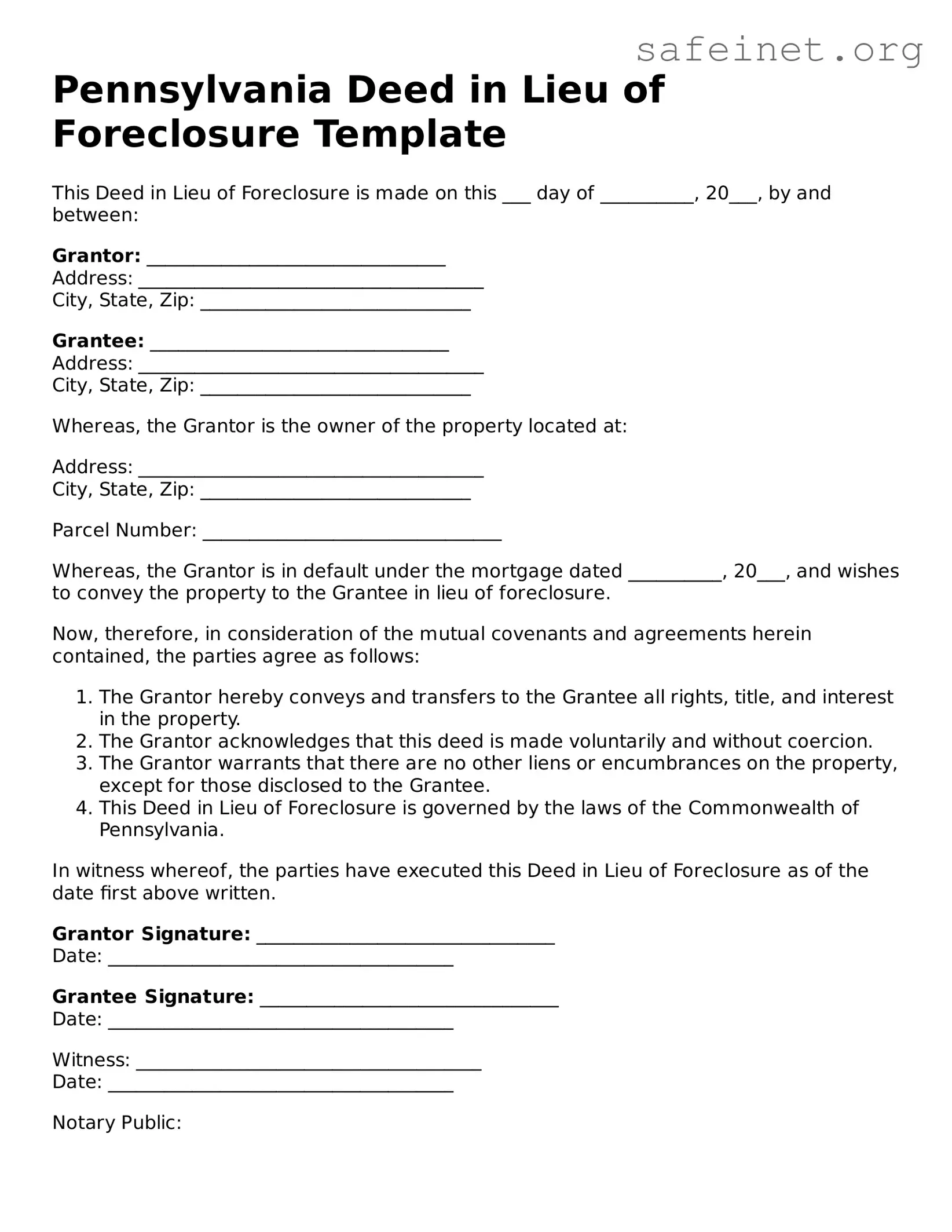 Valid Deed in Lieu of Foreclosure Template for the State of Pennsylvania