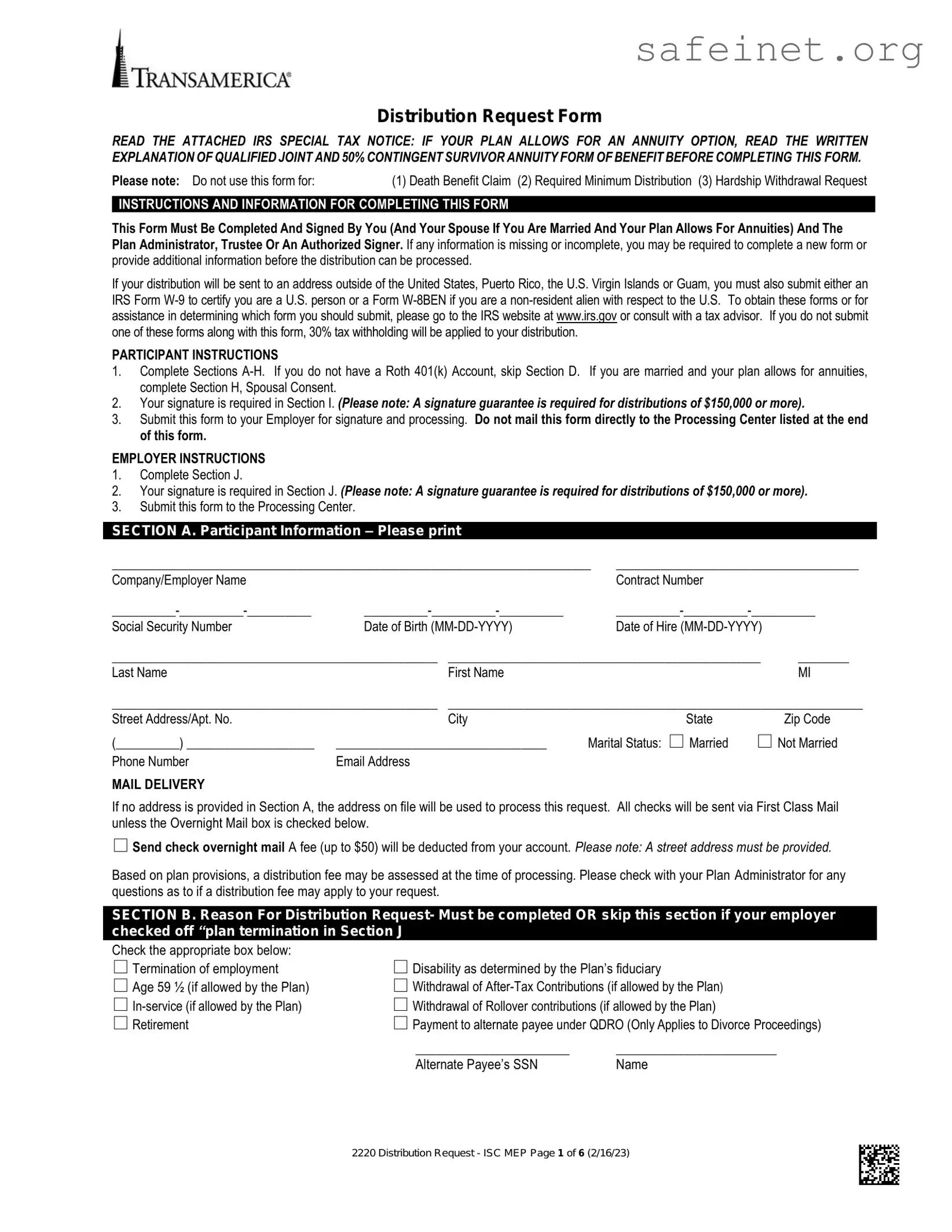 Blank Transamerica 401K Withdrawal Template