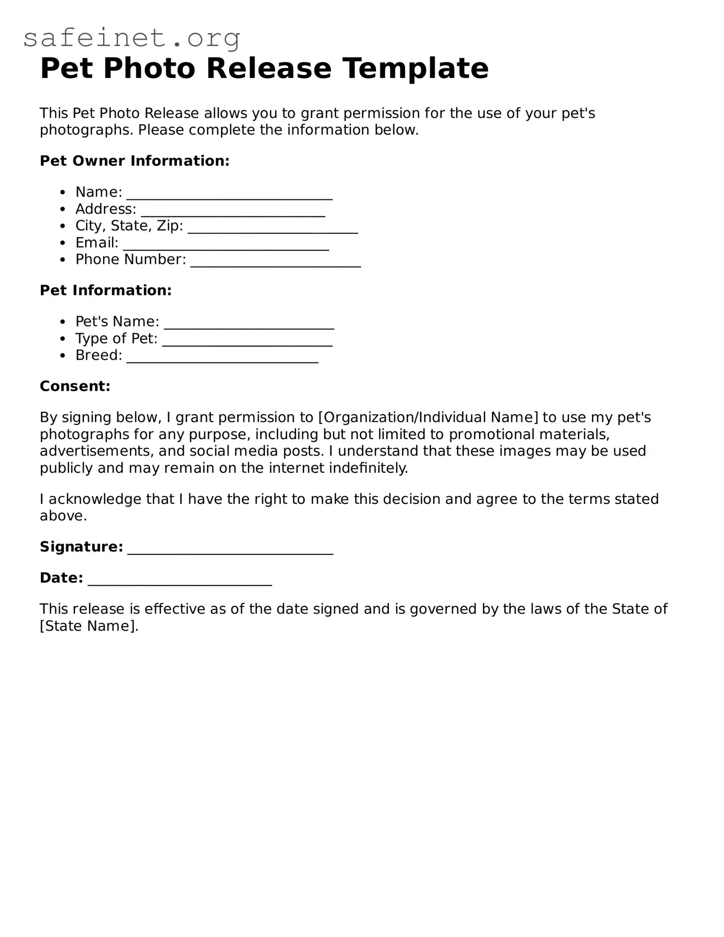 Official Pet Photo Release Document