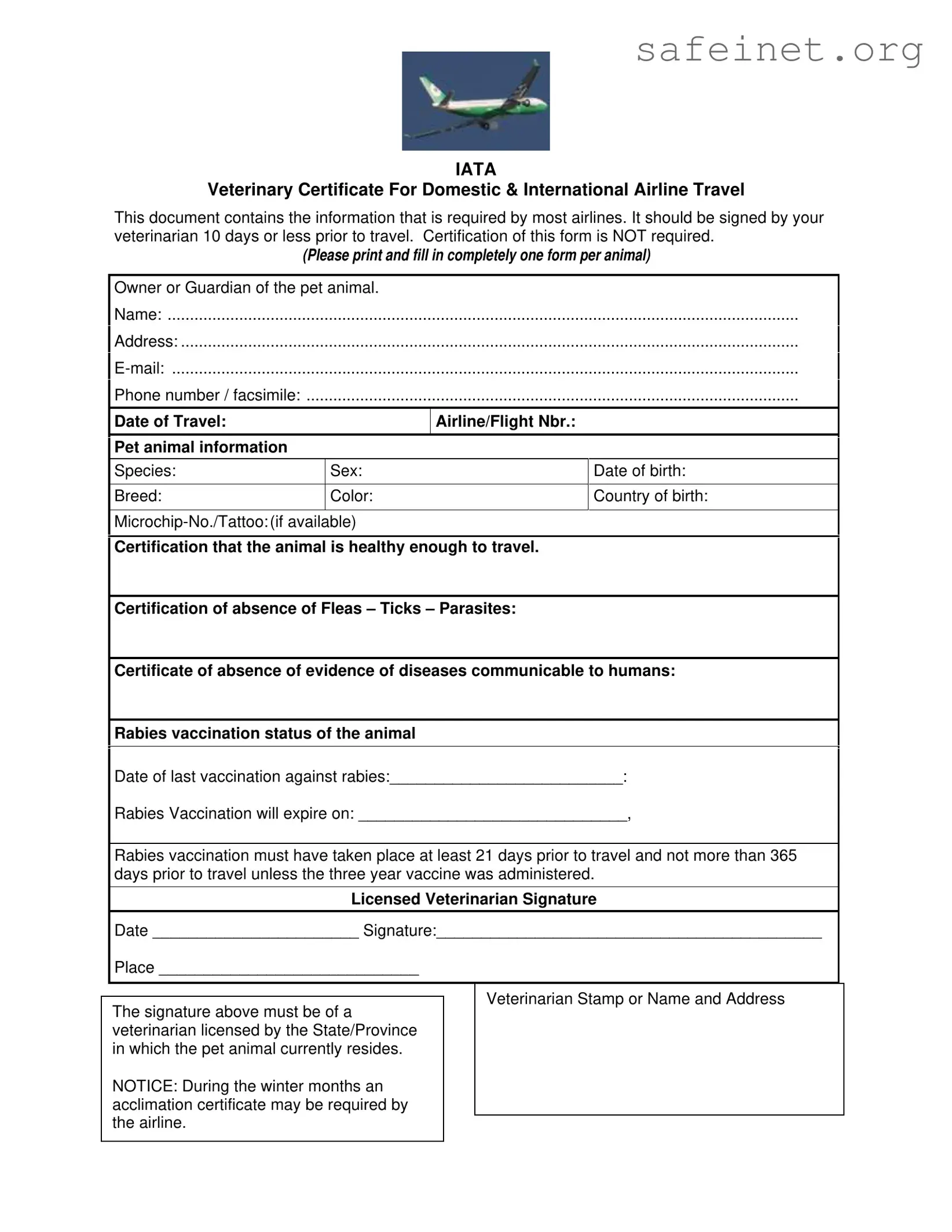 Blank Veterinary Certificate Travel Template