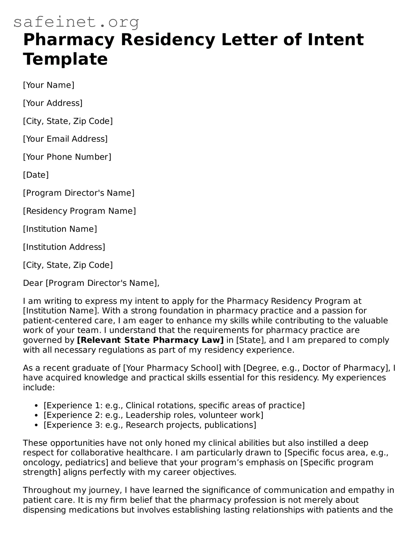 Official Pharmacy Residency Letter of Intent Document