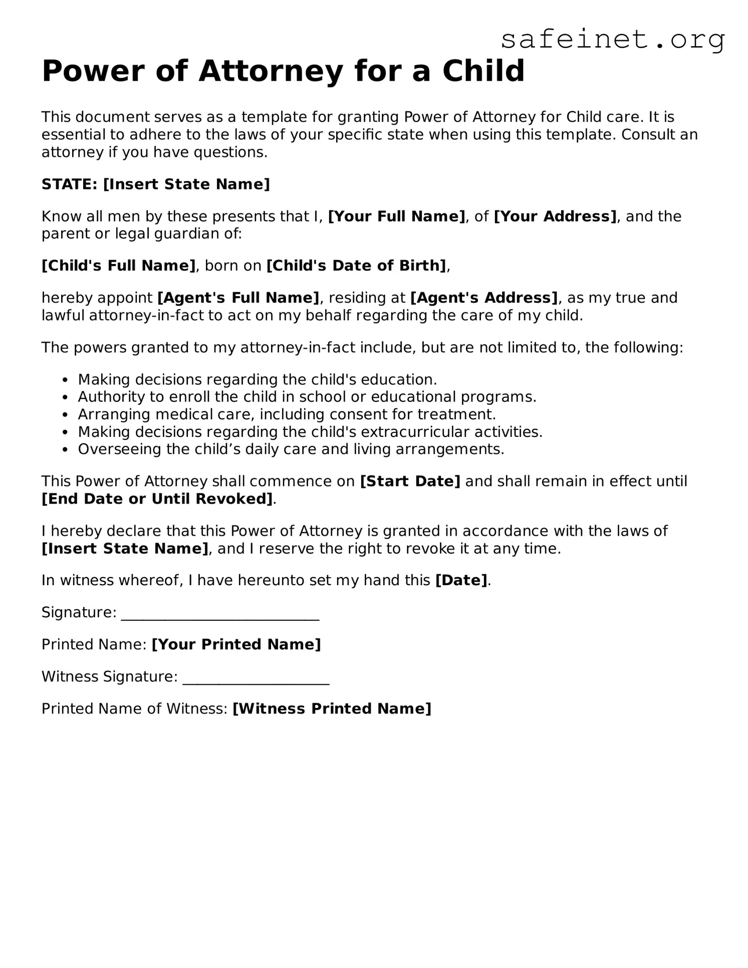 Official Power of Attorney for a Child Document
