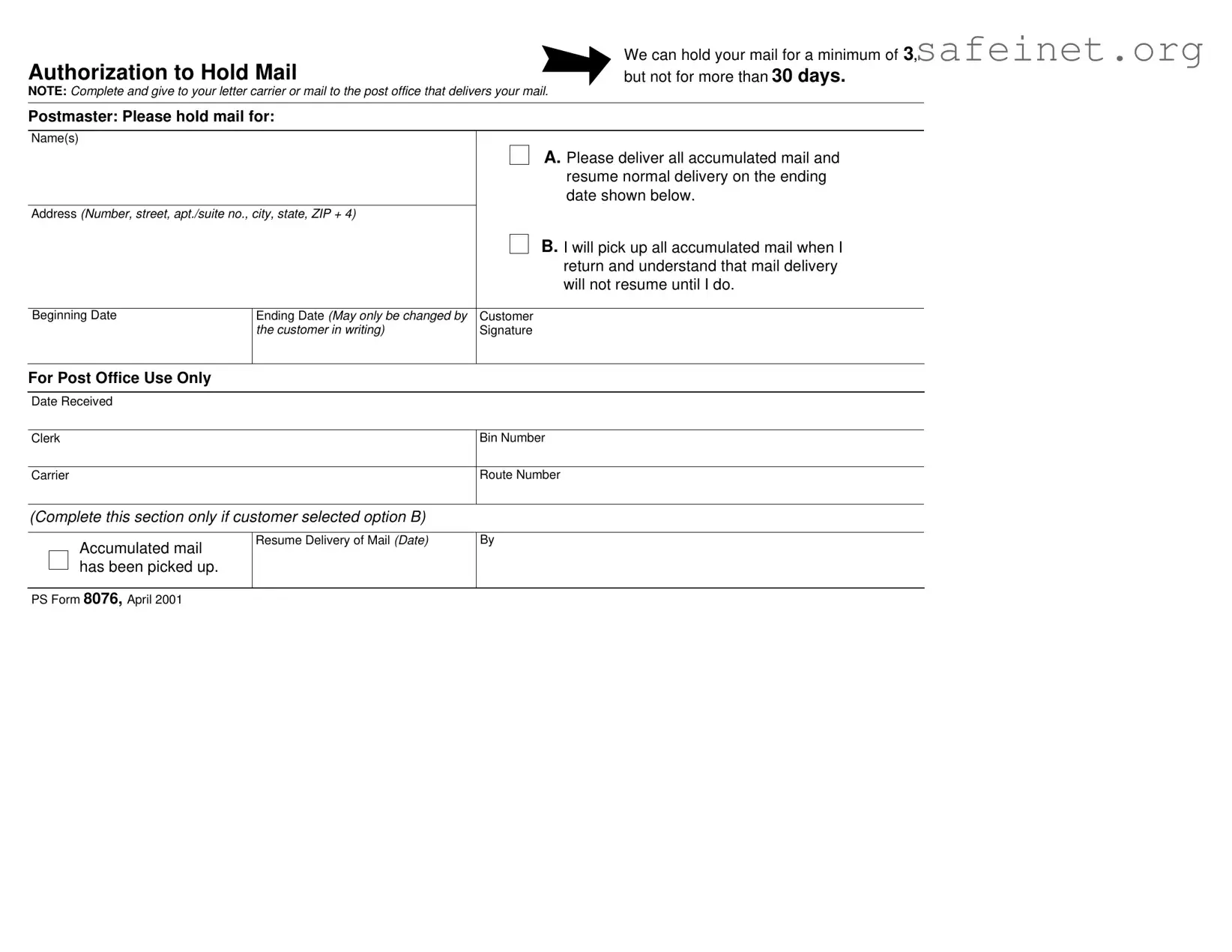 Blank Usps Hold Mail Request Template