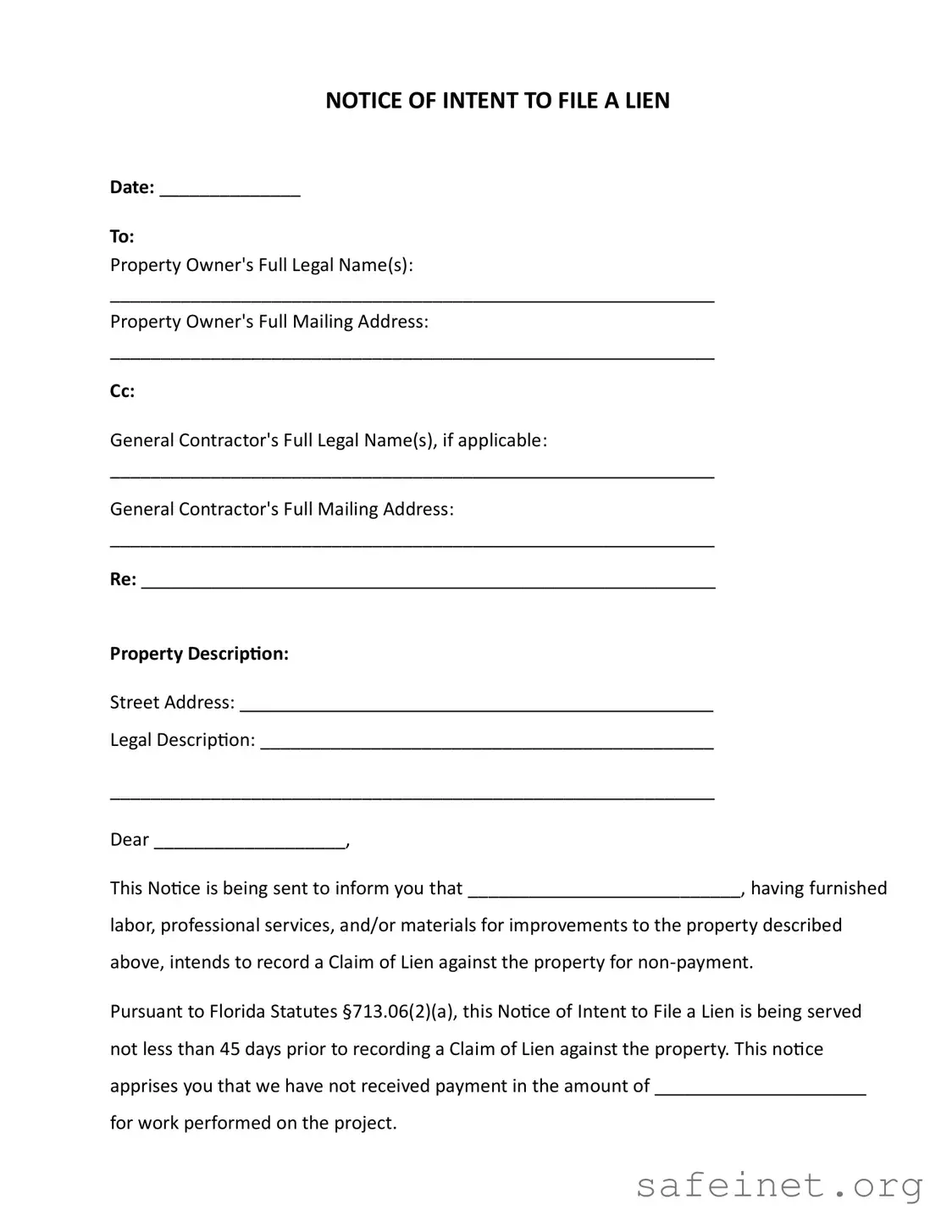 Blank Intent To Lien Florida Template