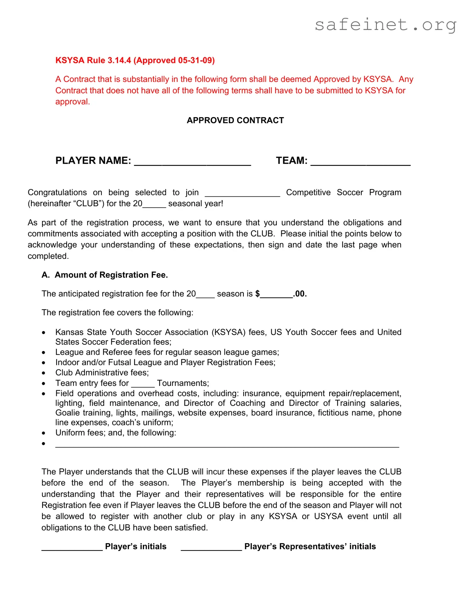 Blank Soccer Player Contract Template