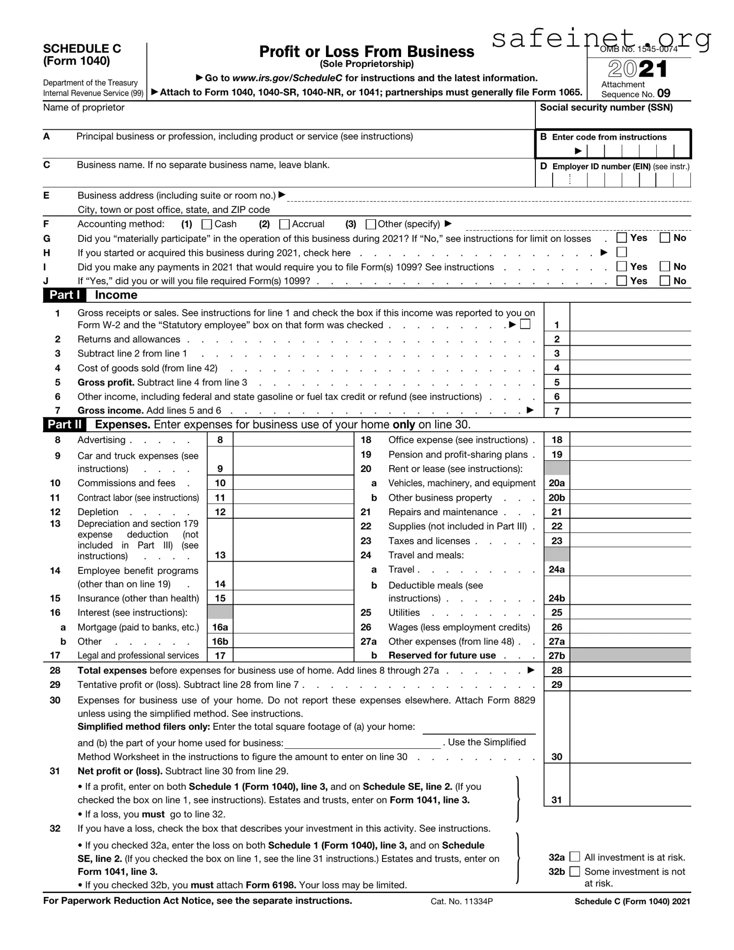 Blank IRS Schedule C 1040 Template