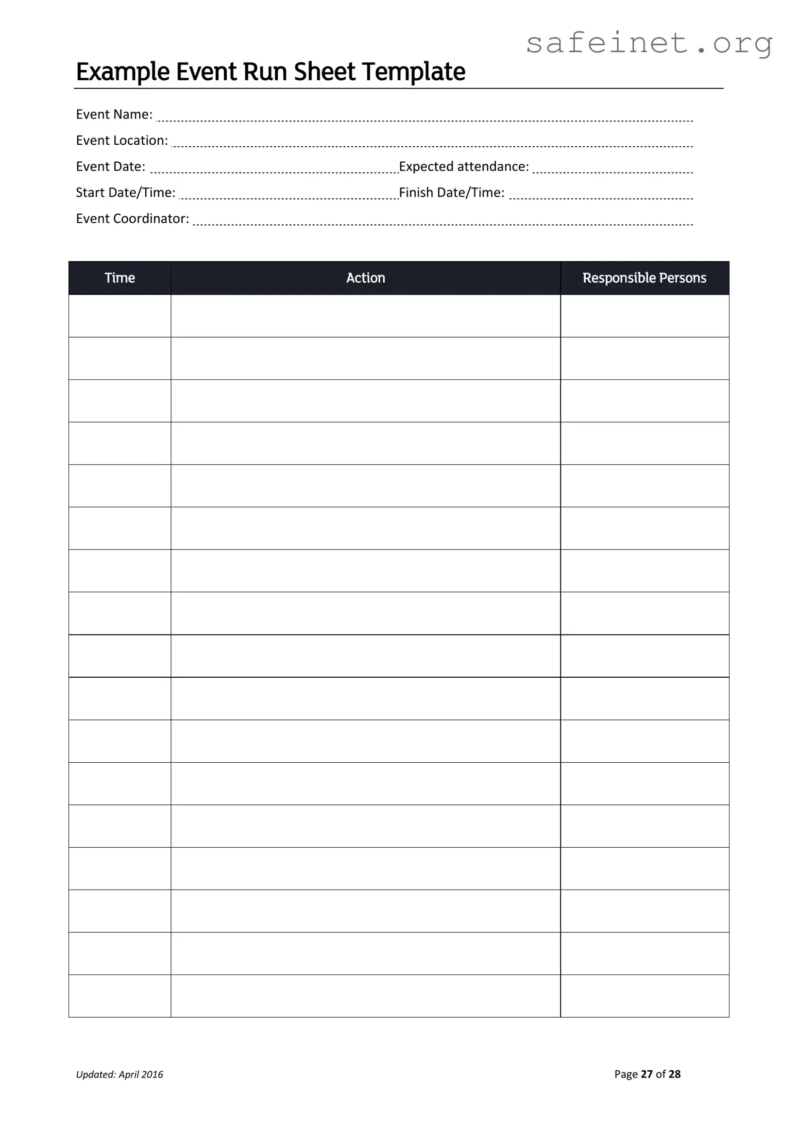 Blank Running Sheet Template