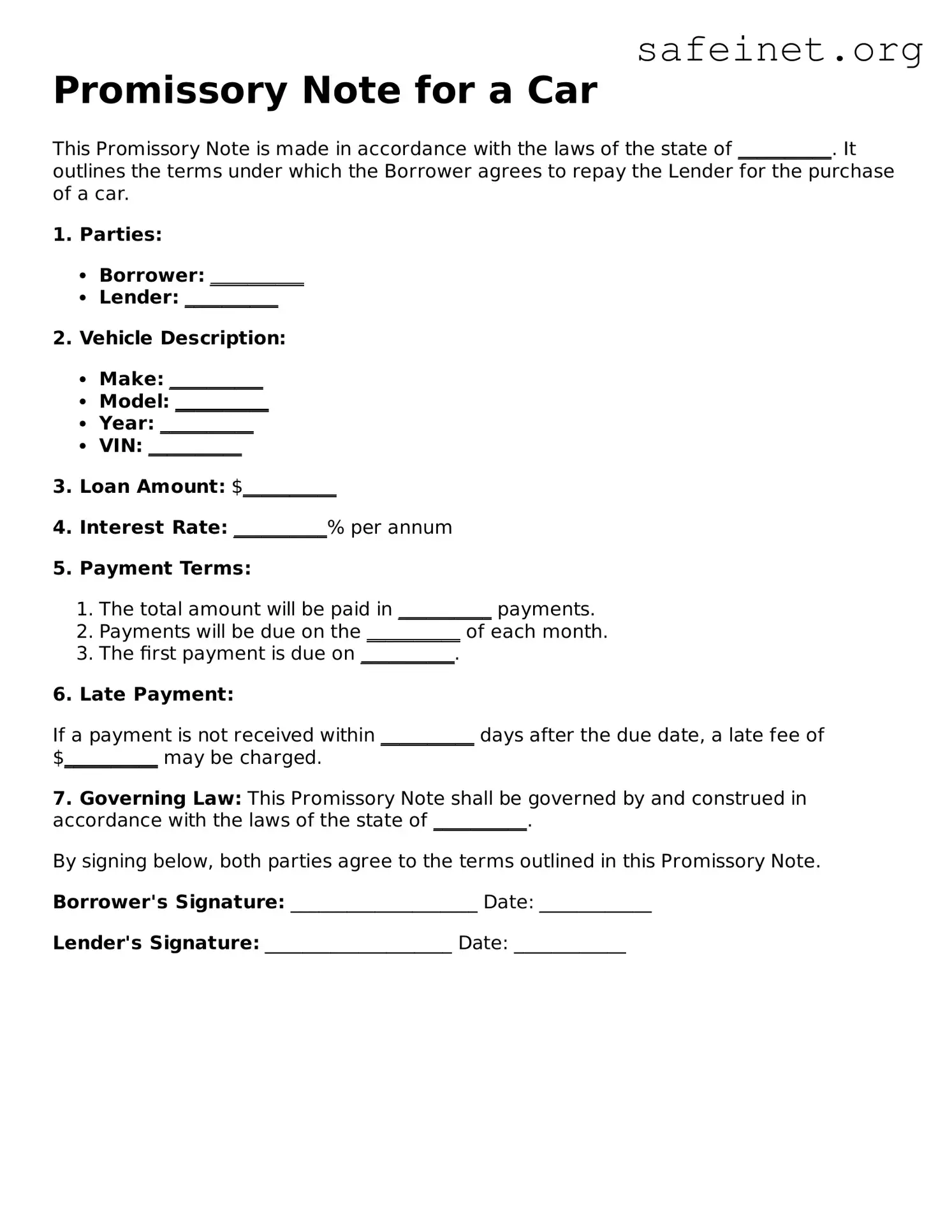 Official Promissory Note for a Car Document