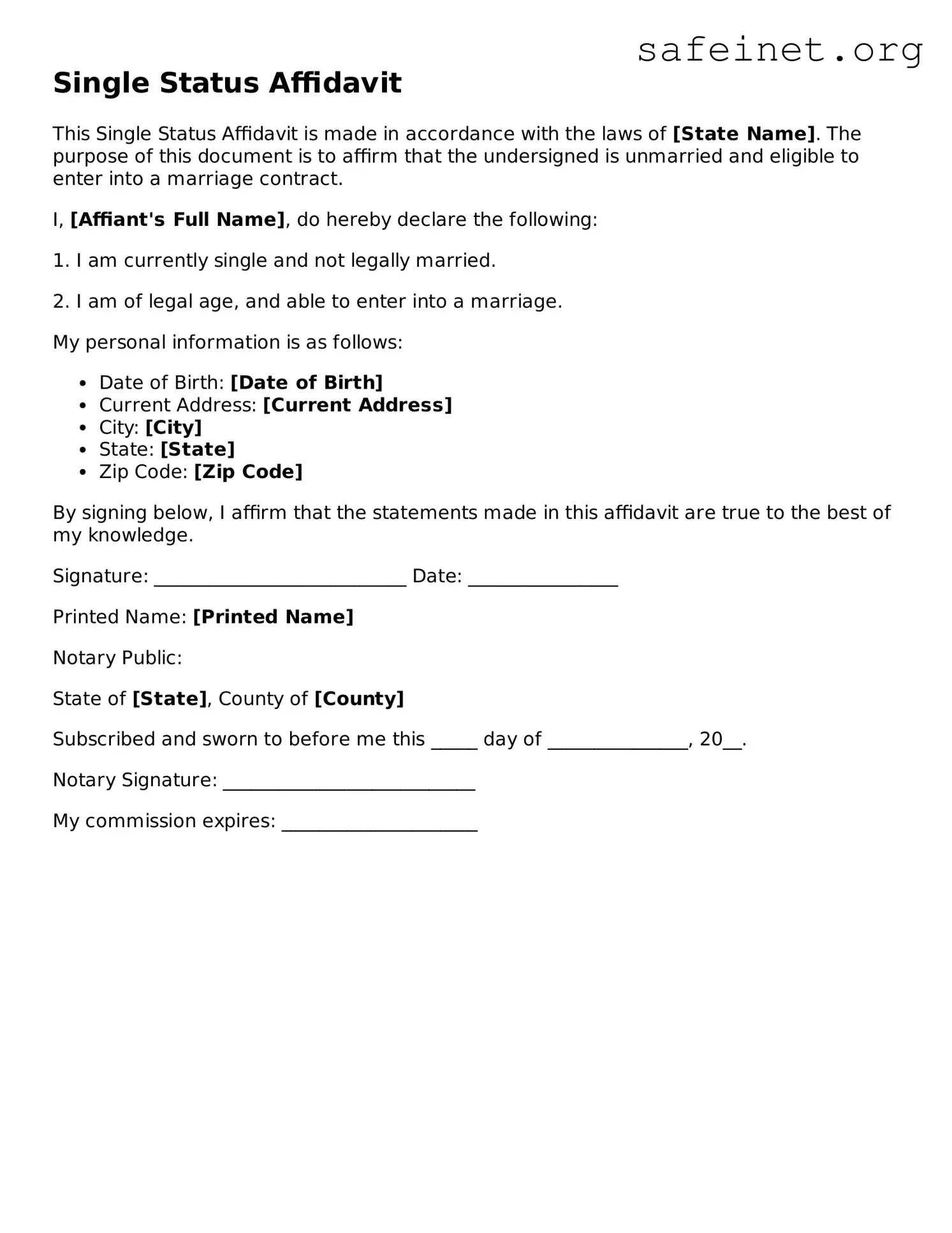 Official Single Status Affidavit Document