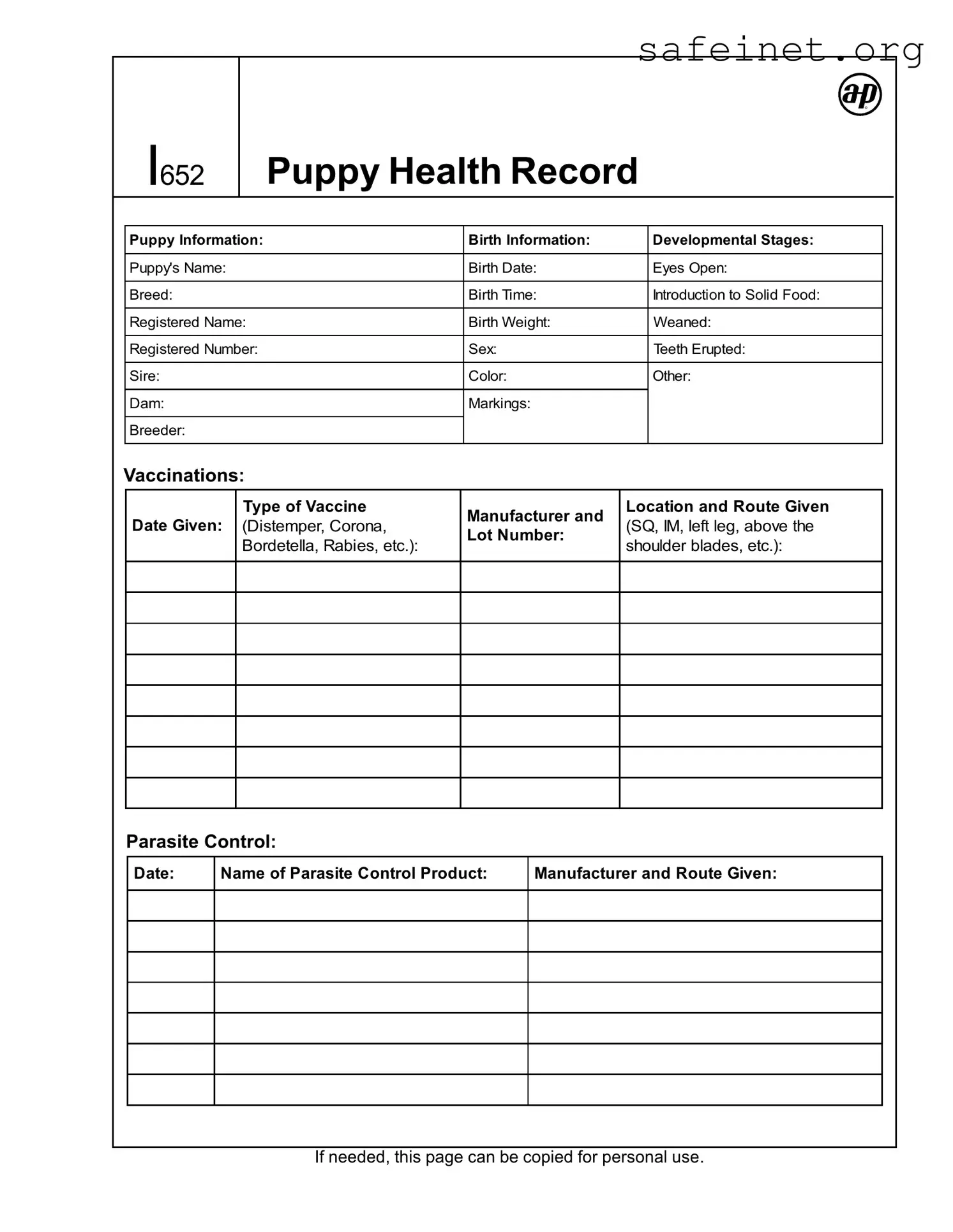 Blank Puppy Health Record Template
