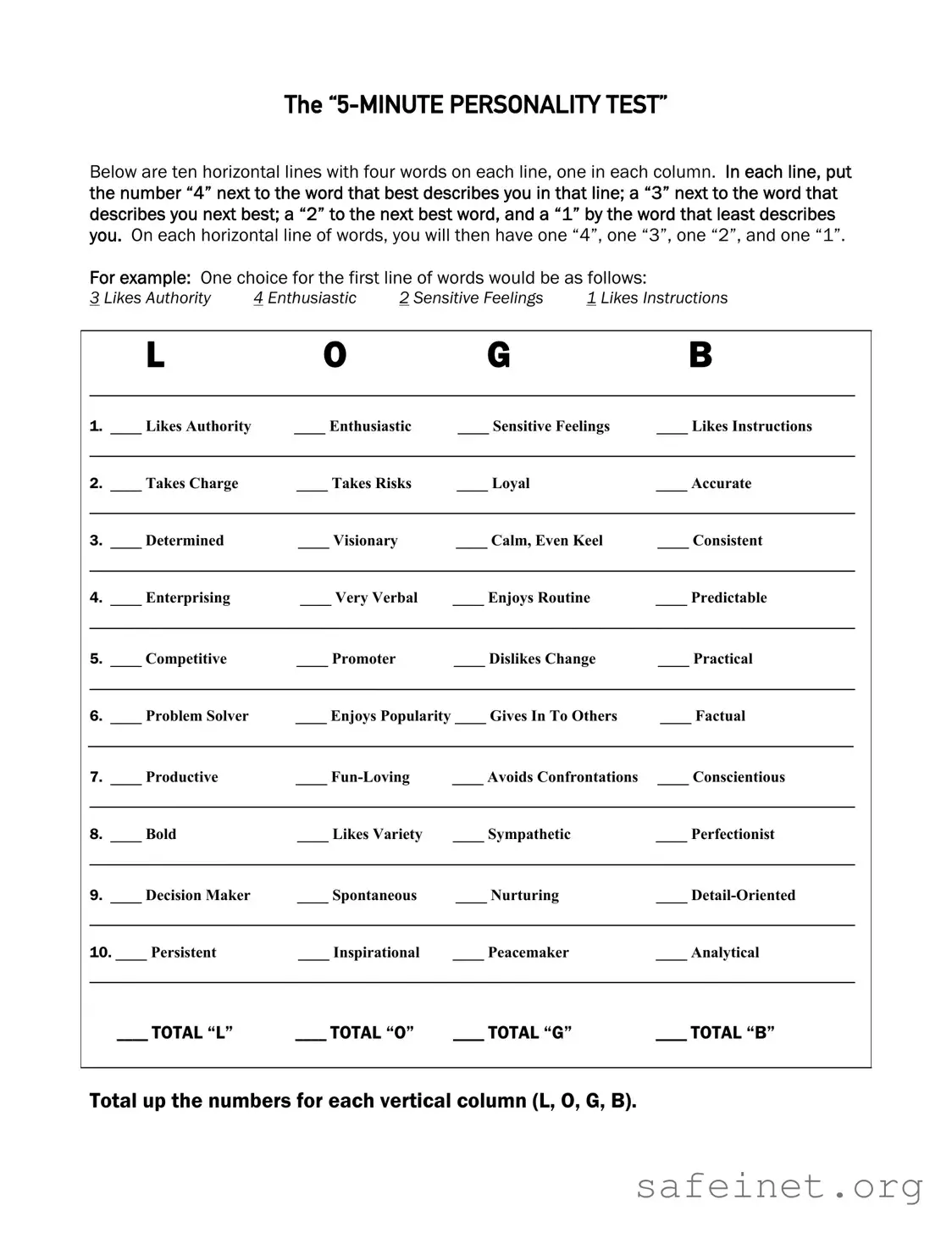 Blank 5 Minute Personality Test Template