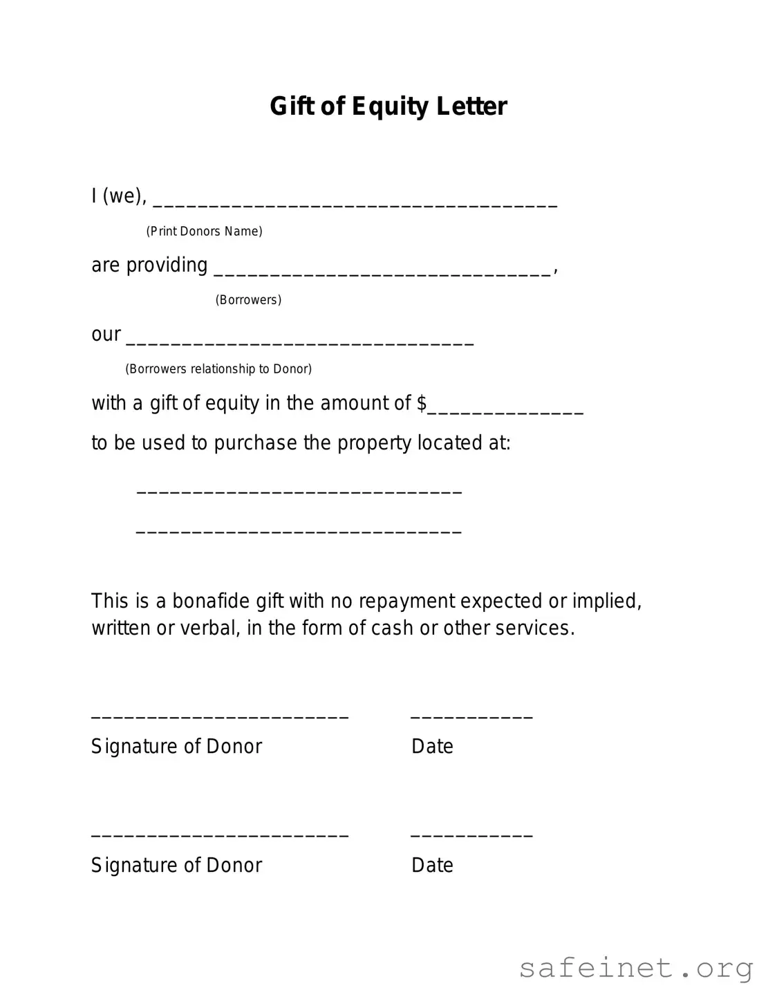 Blank Gift Of Equity Letter Template