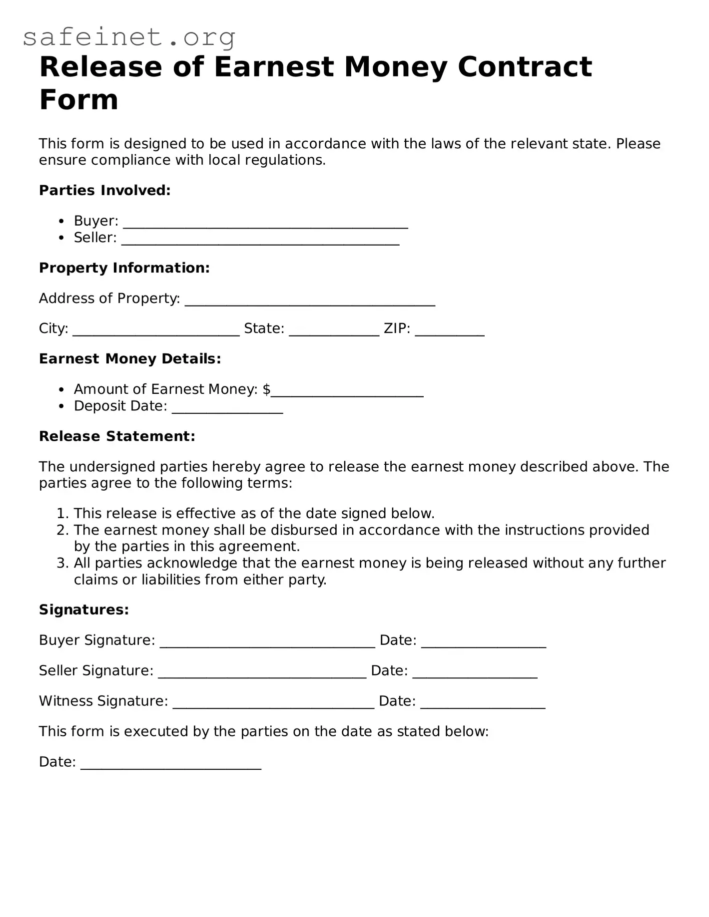 Official Release of Earnest Money Contract Form Document