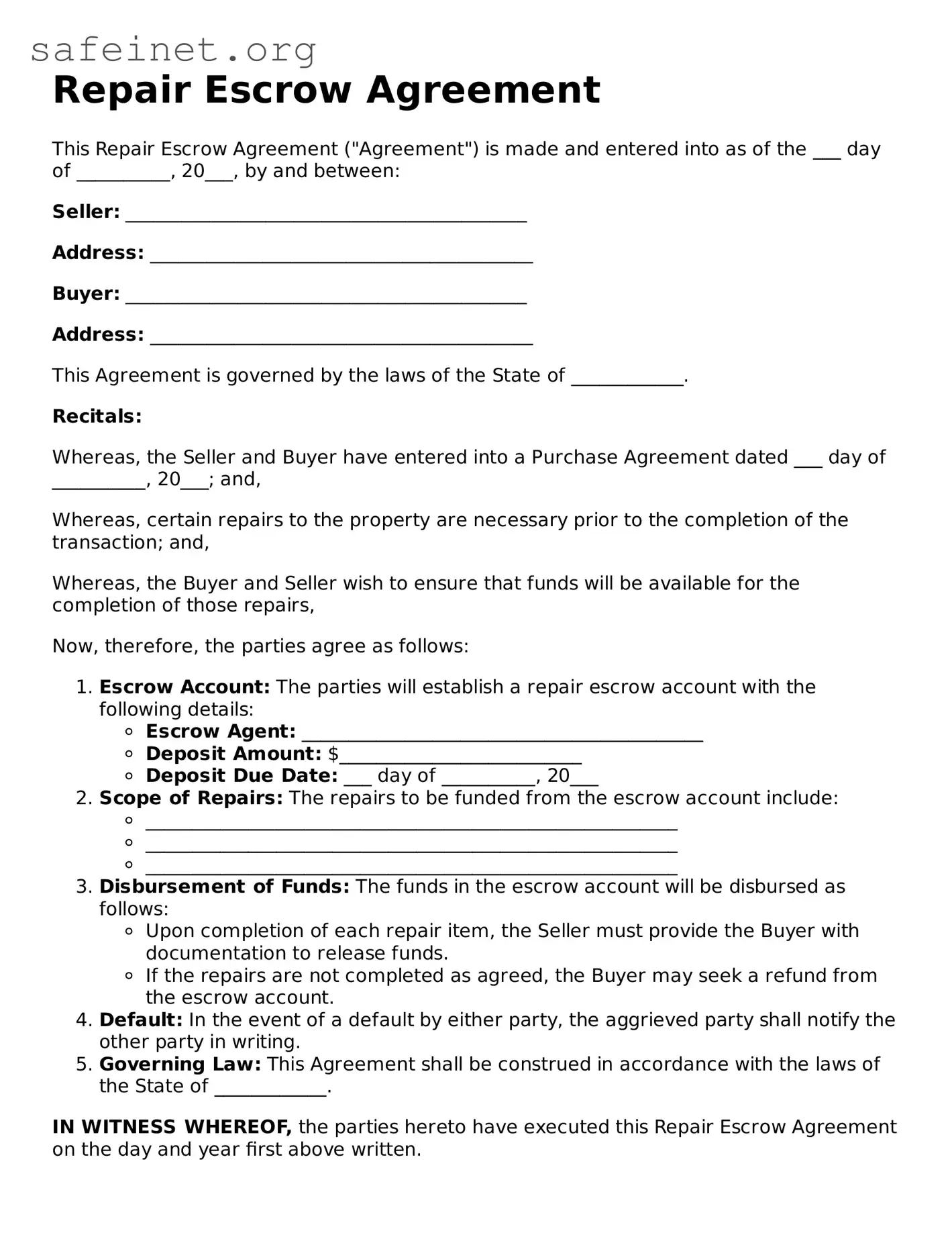 Official Repair Escrow Agreement Document