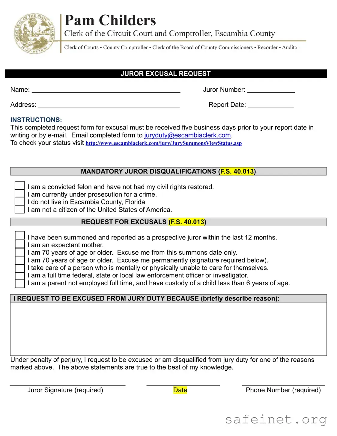 Blank Escambia County Jury Excusal Template