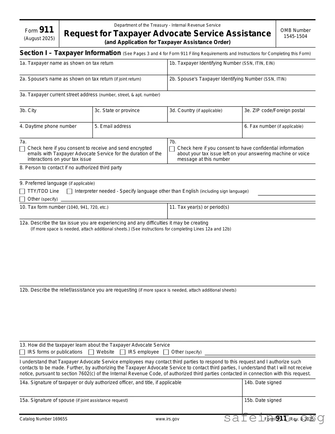 Blank IRS 911 Template