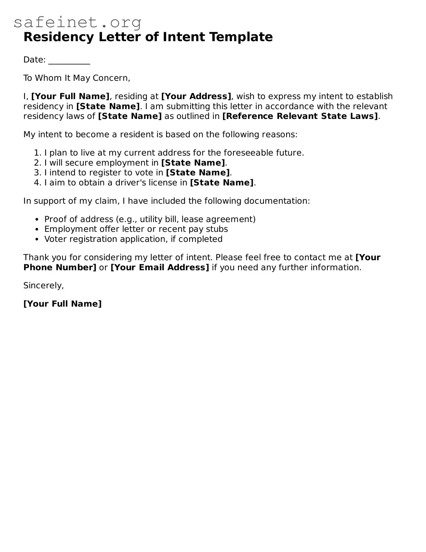 Official Residency Letter of Intent Document