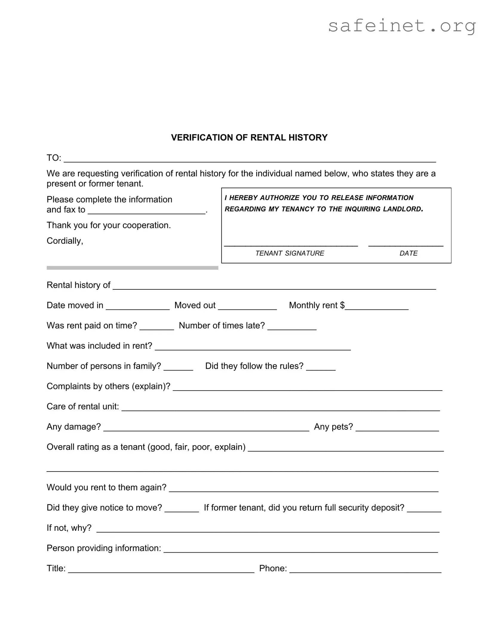 Blank Verification Rental Template