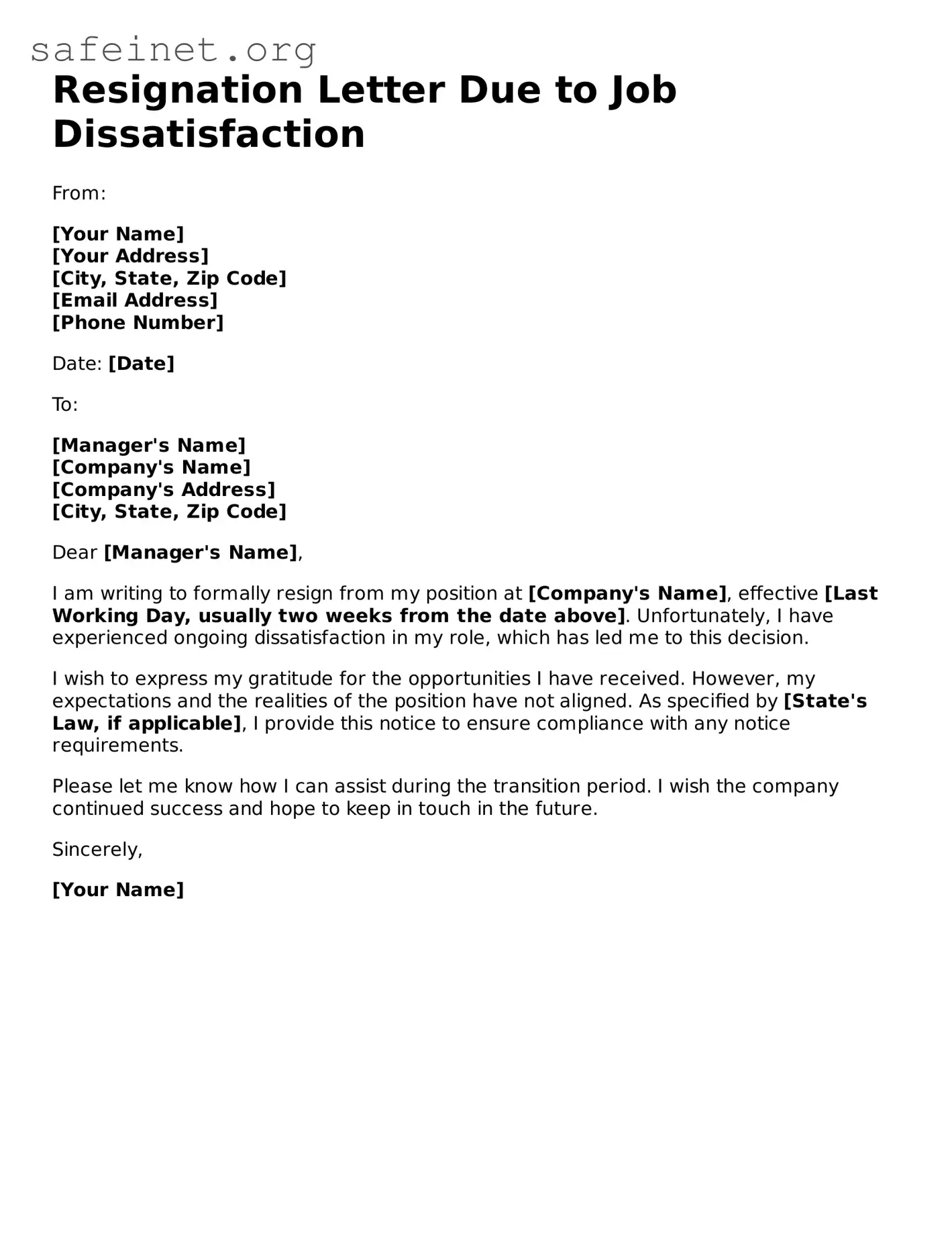 Official Resignation Letter Due to Job Dissatisfaction Document