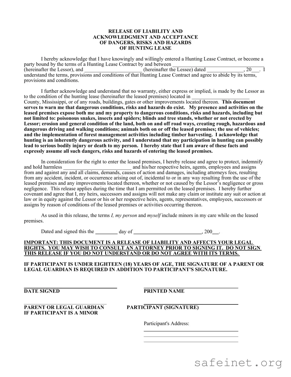 Blank Liability Hunting Template