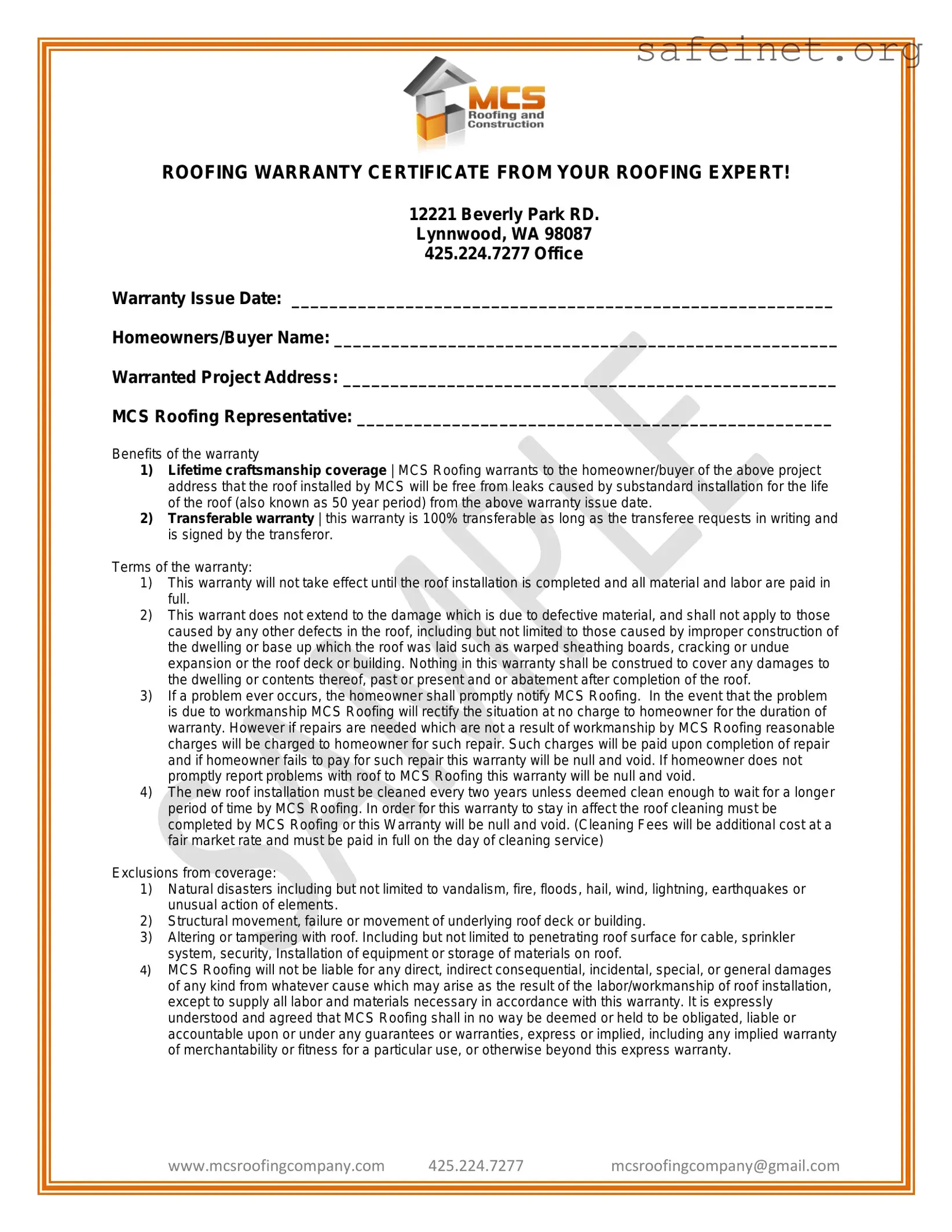 Blank Roofing Warranty Certificate Template