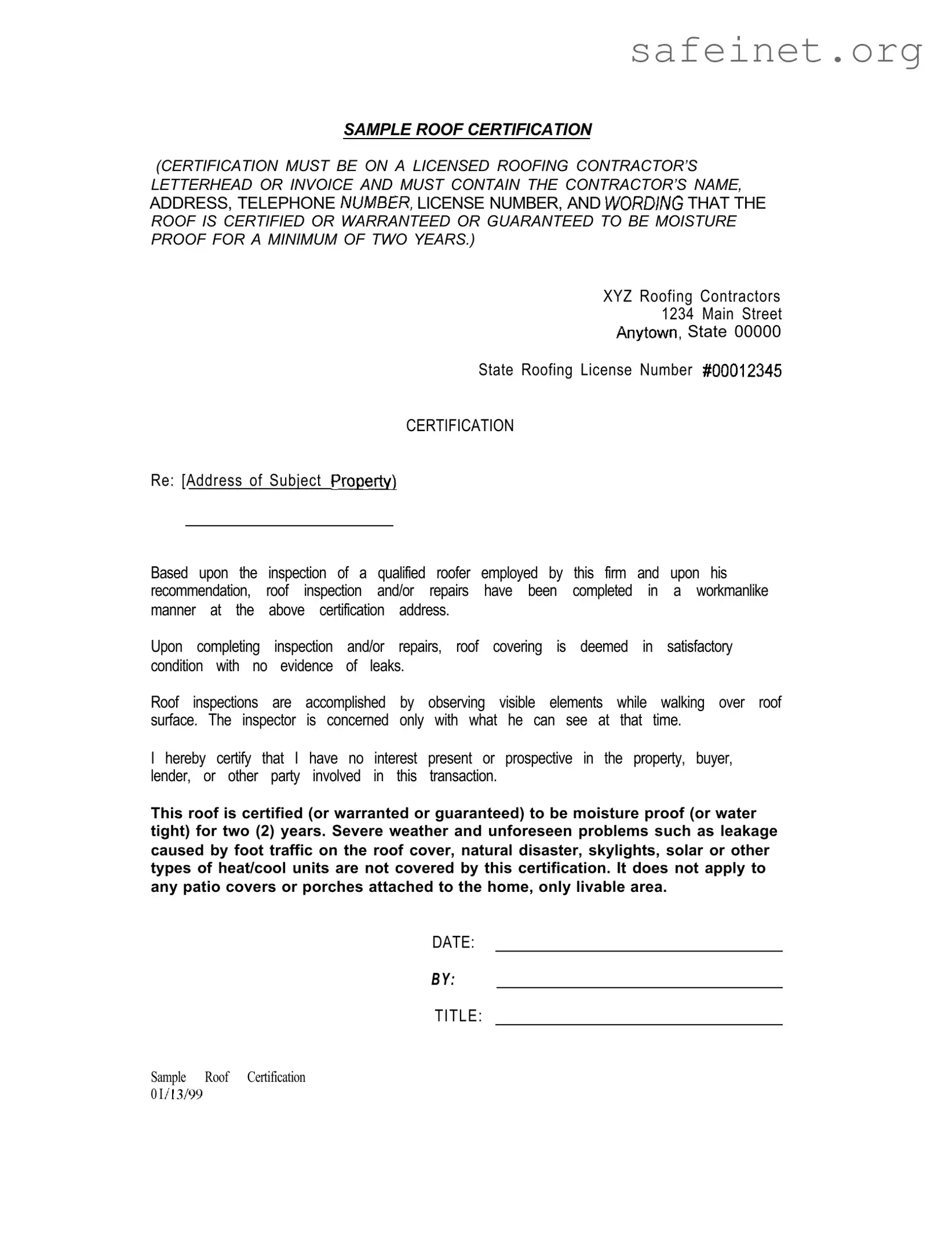 Blank Sample Roof Certification Template