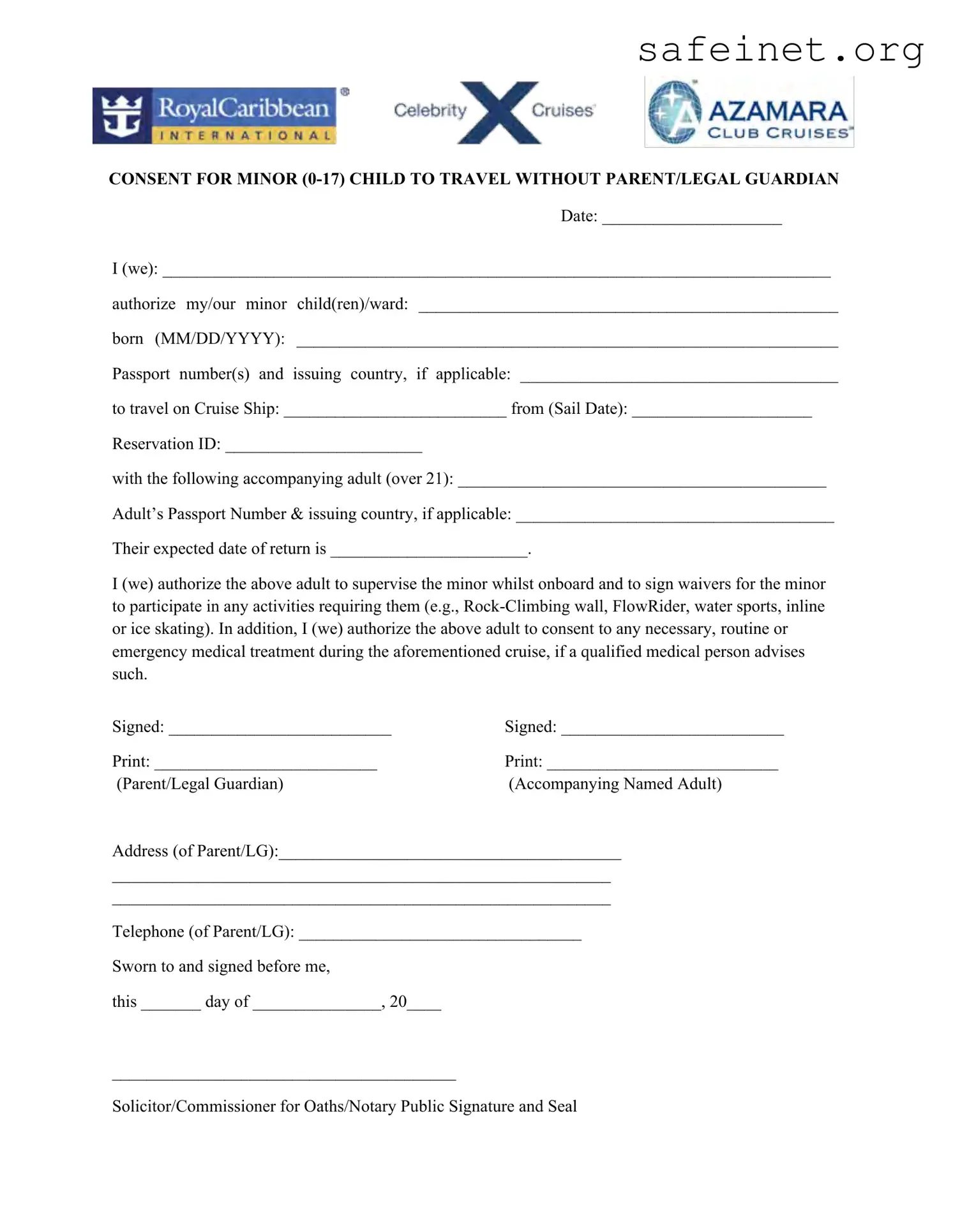 Blank Royal Caribbean Parental Consent Template
