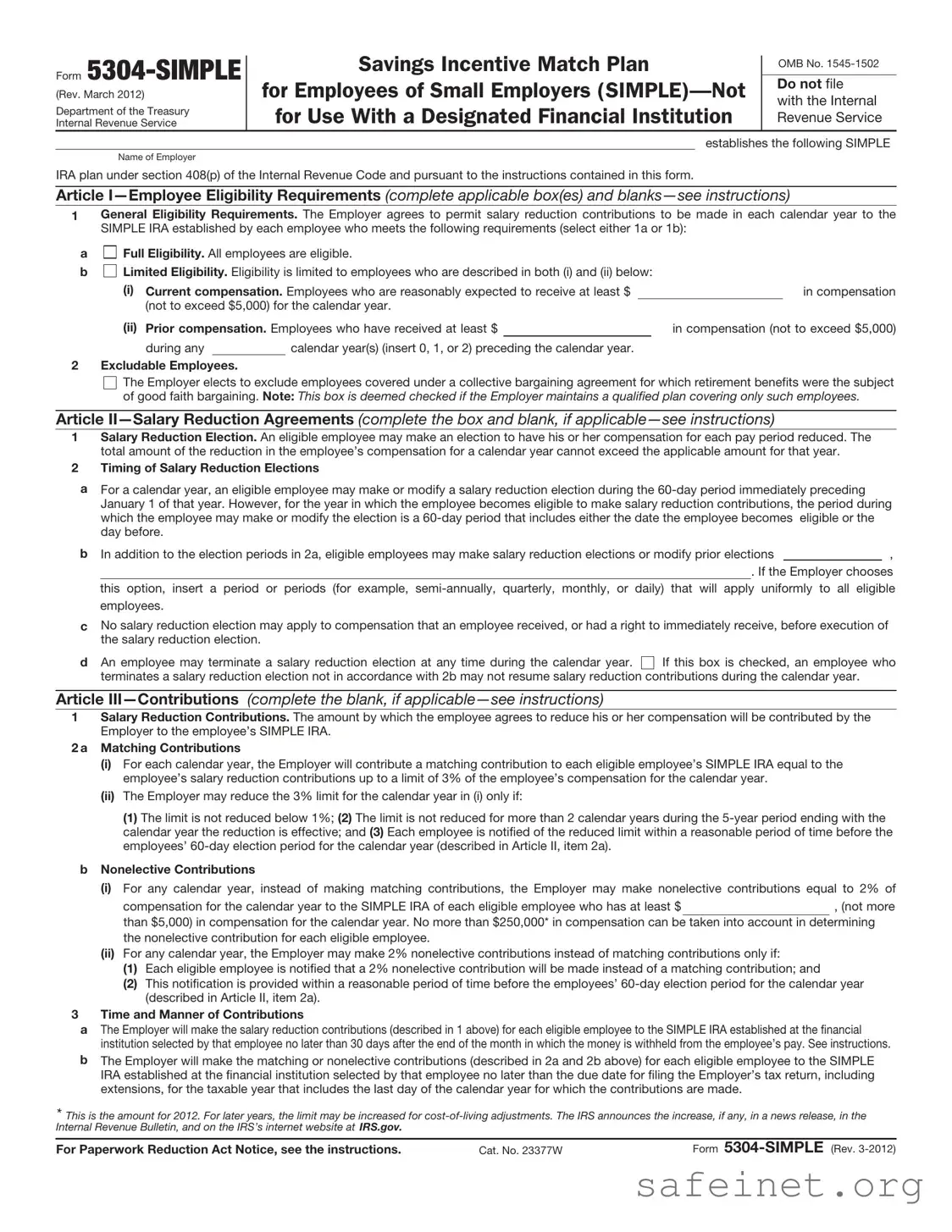 Blank IRS 5304-SIMPLE Template