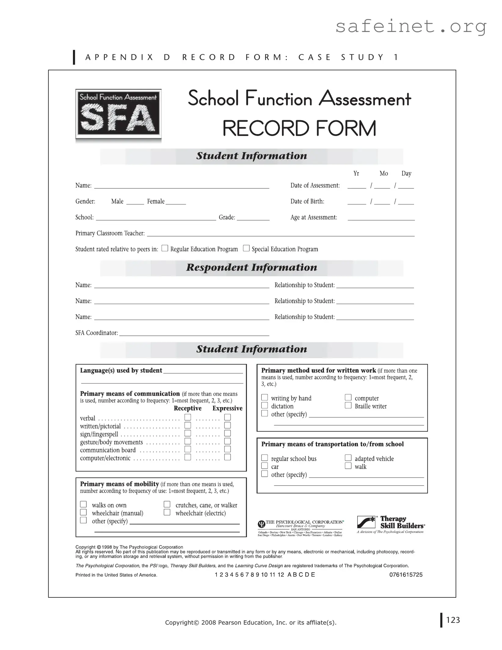 Blank School Function Assessment Template