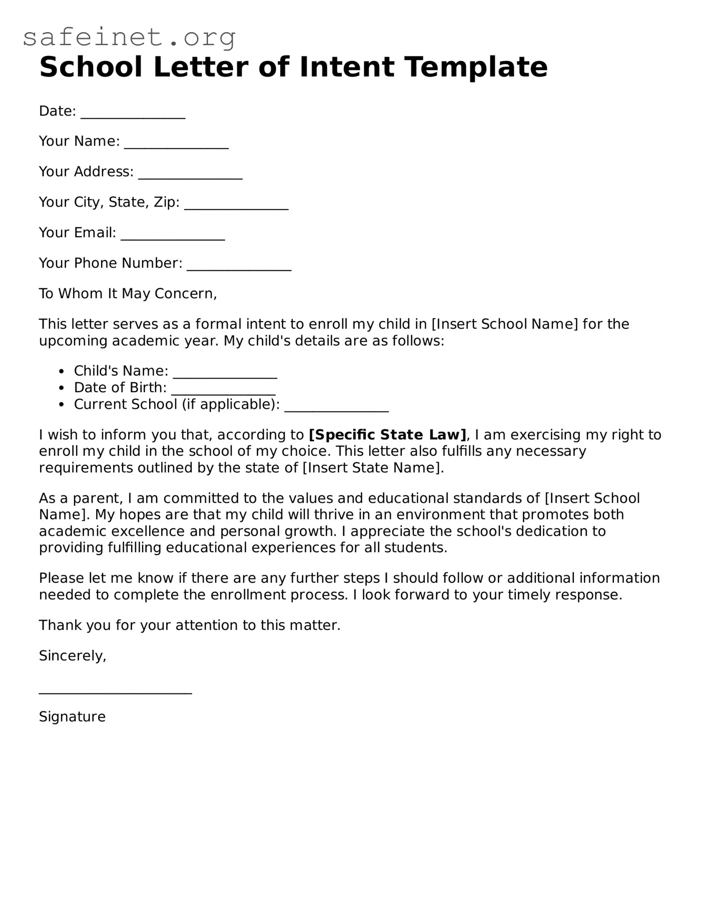 Official School Letter of Intent Document
