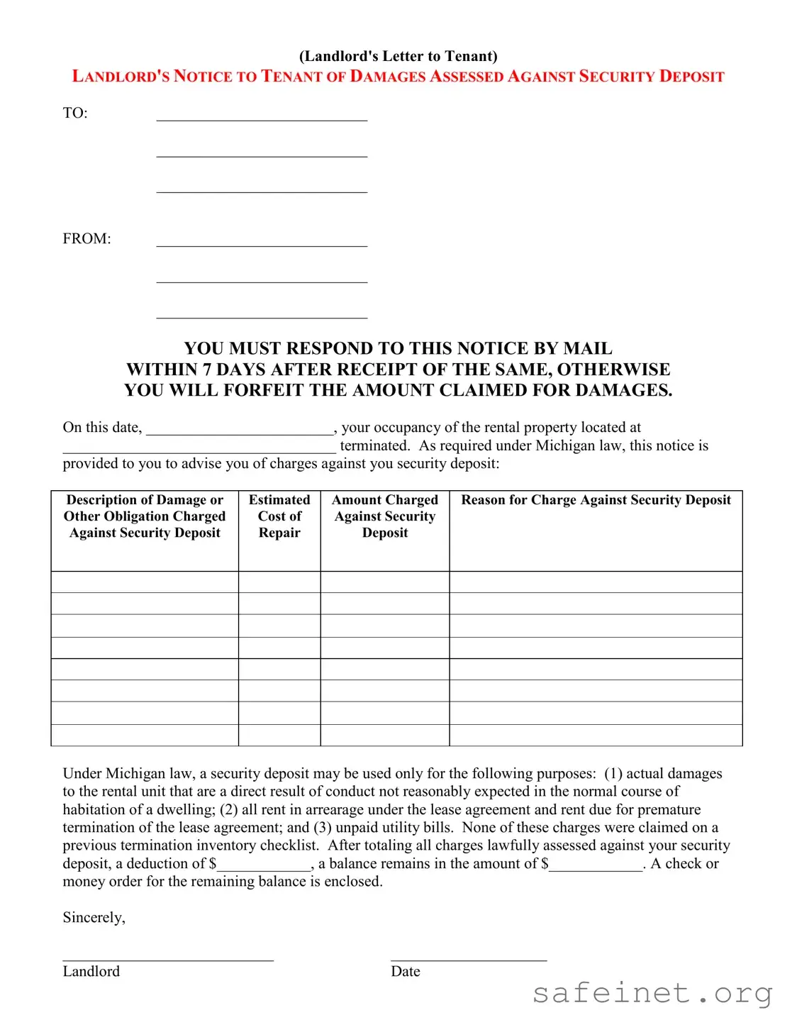 Blank Landlord Damages Letter Template