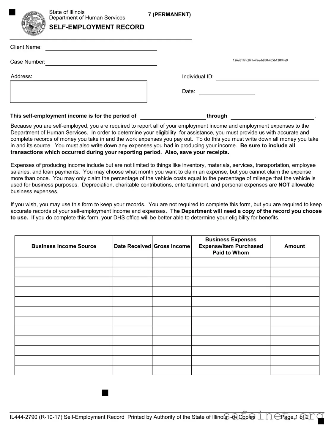 Blank Il 444 2790 Self Employment Record Template