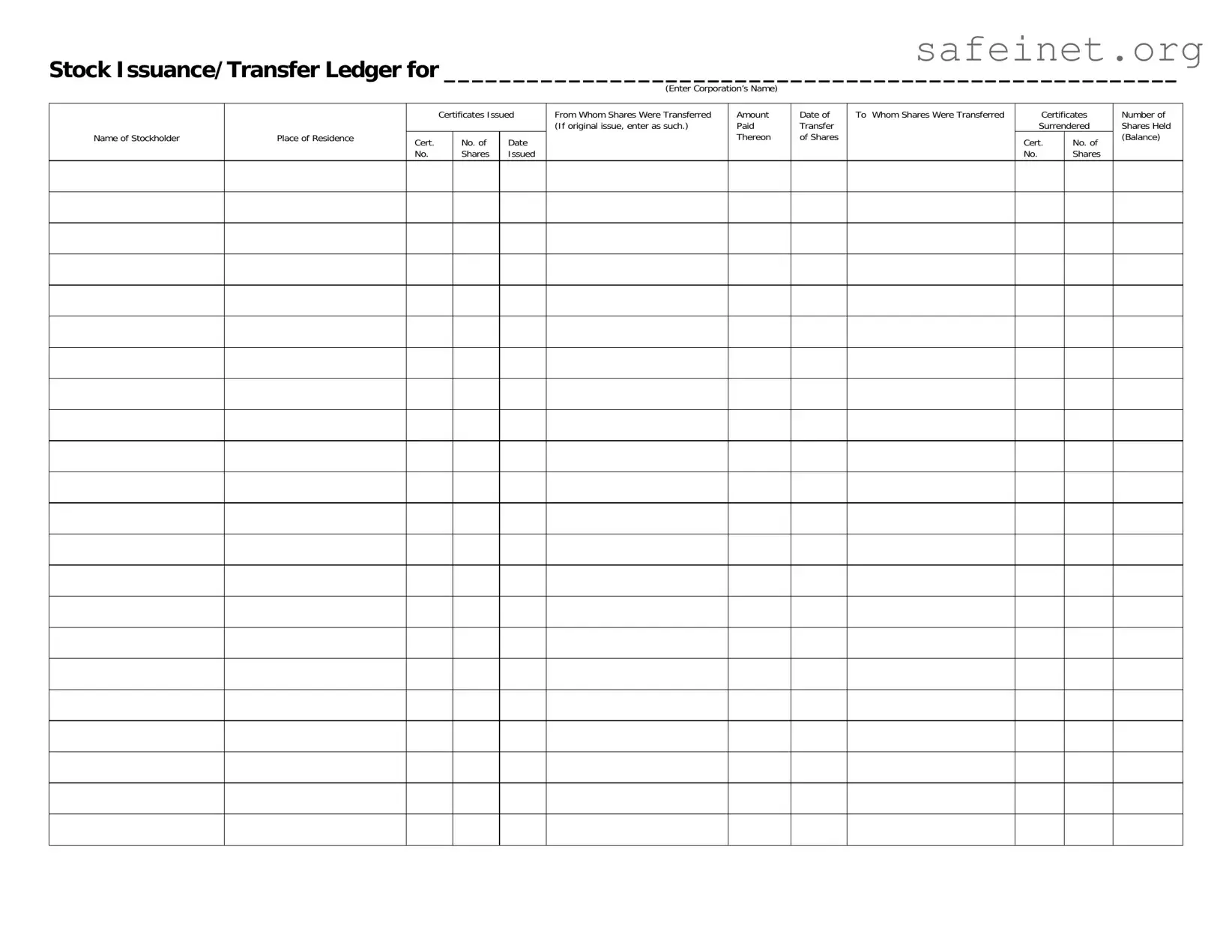 Blank Stock Transfer Ledger Template