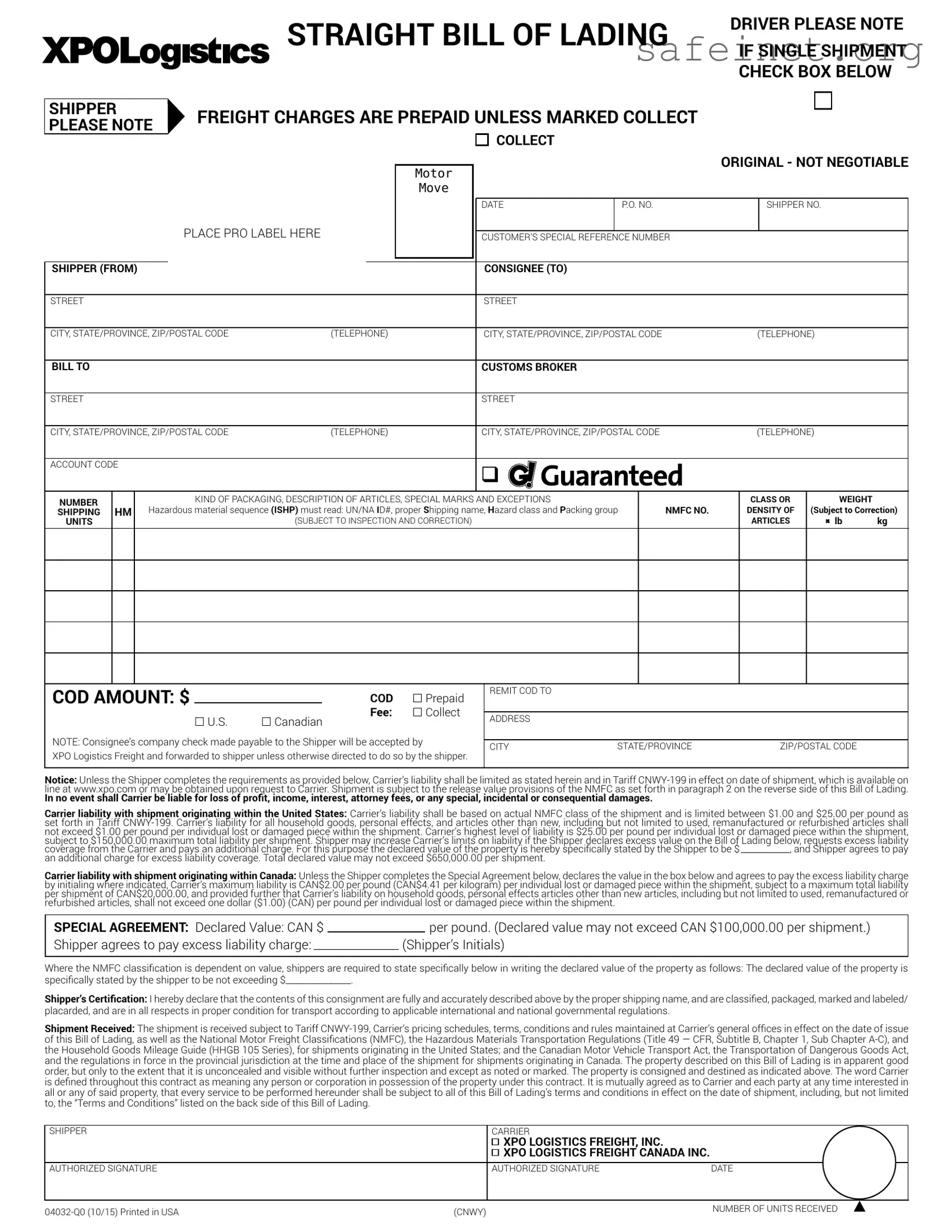 Blank Xpo Logistics Bill Of Lading Template