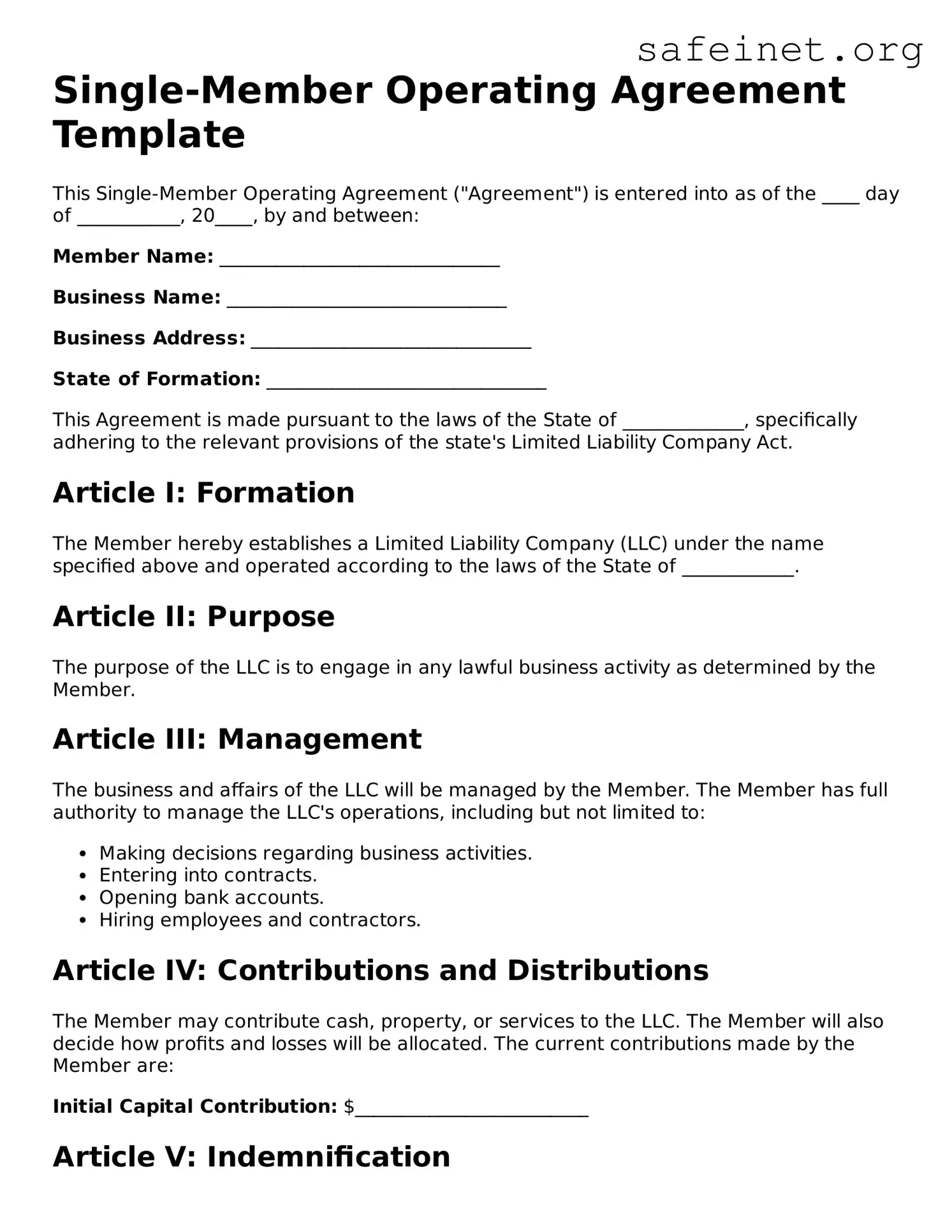 Official Single-Member Operating Agreement Document