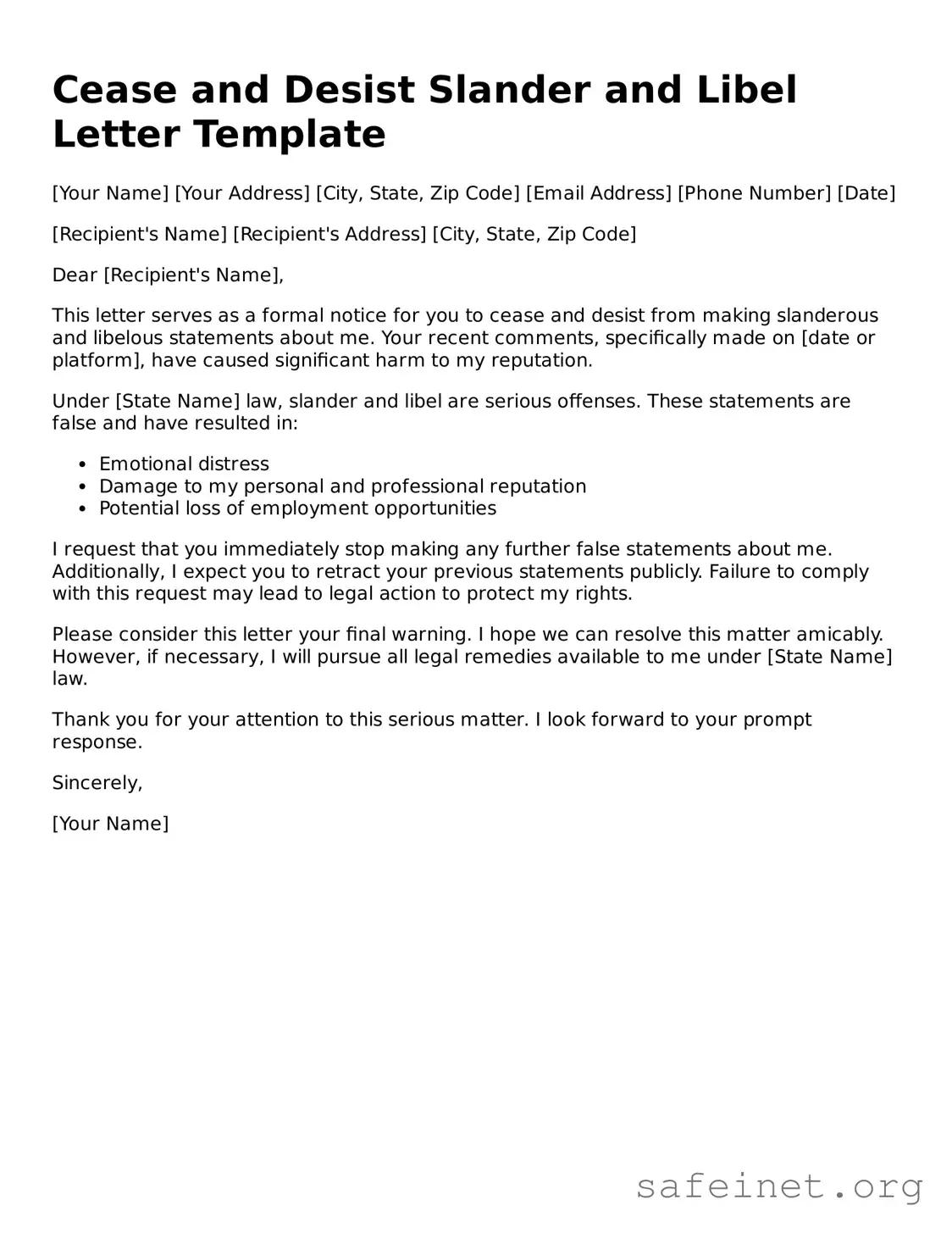 Official Cease and Desist Slander and Libel Letter Document