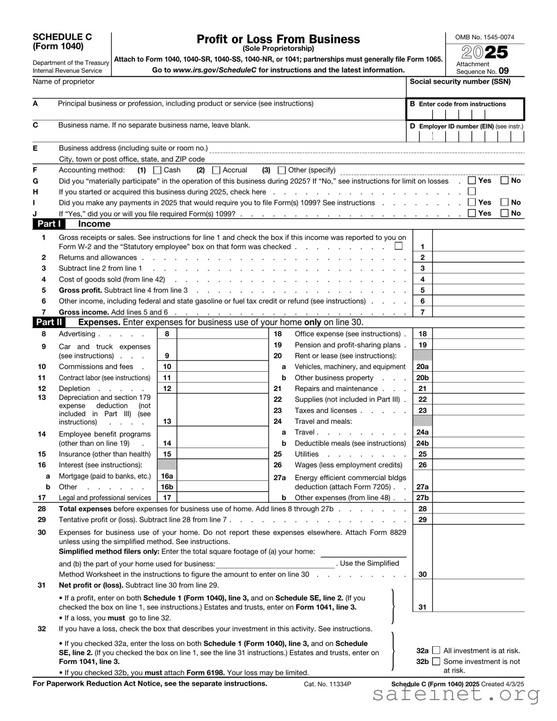 Blank IRS Schedule C 1040 Template
