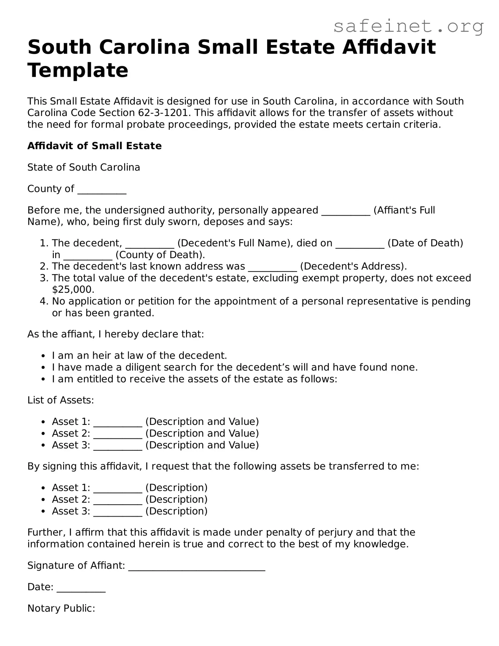 Valid Small Estate Affidavit Template for the State of South Carolina