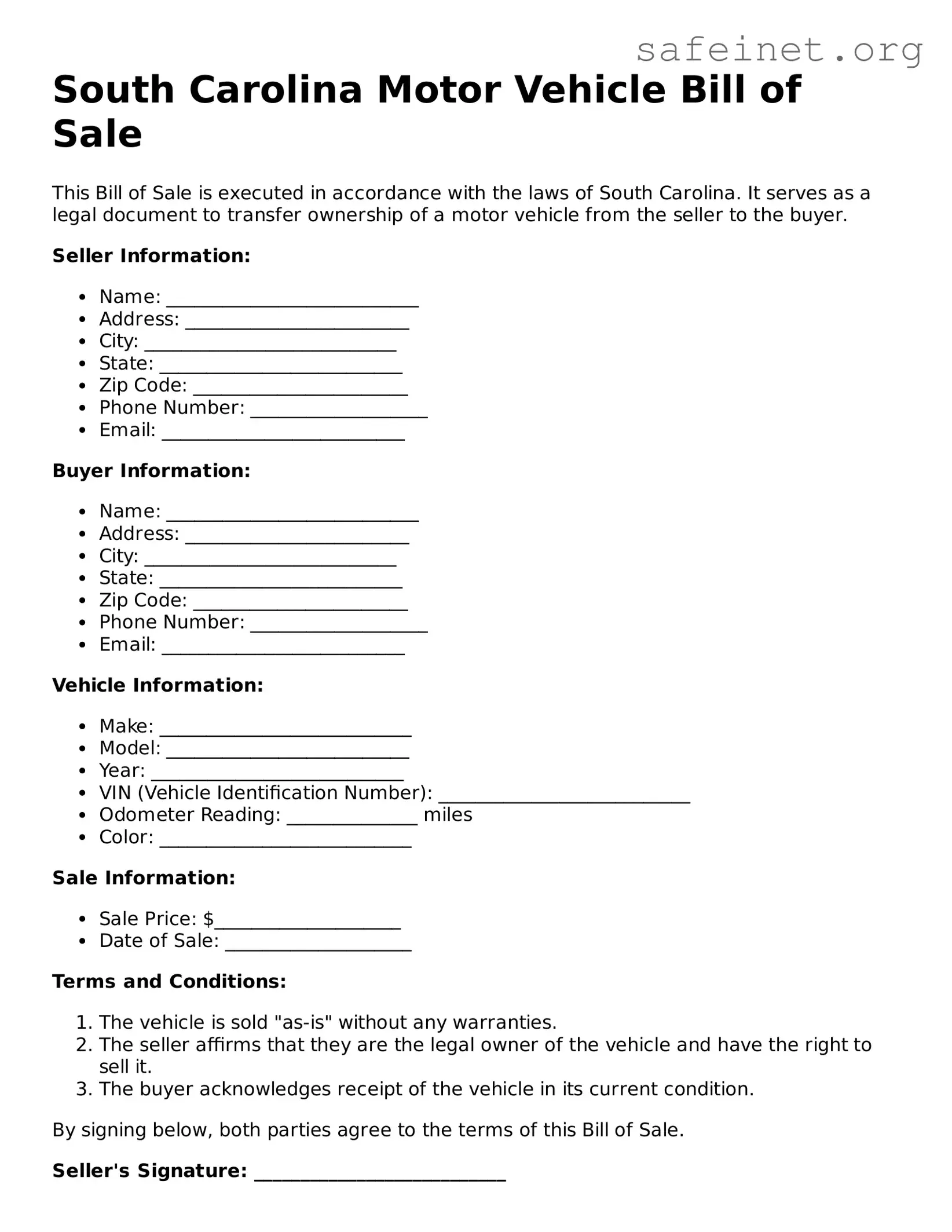 Valid Motor Vehicle Bill of Sale Template for the State of South Carolina