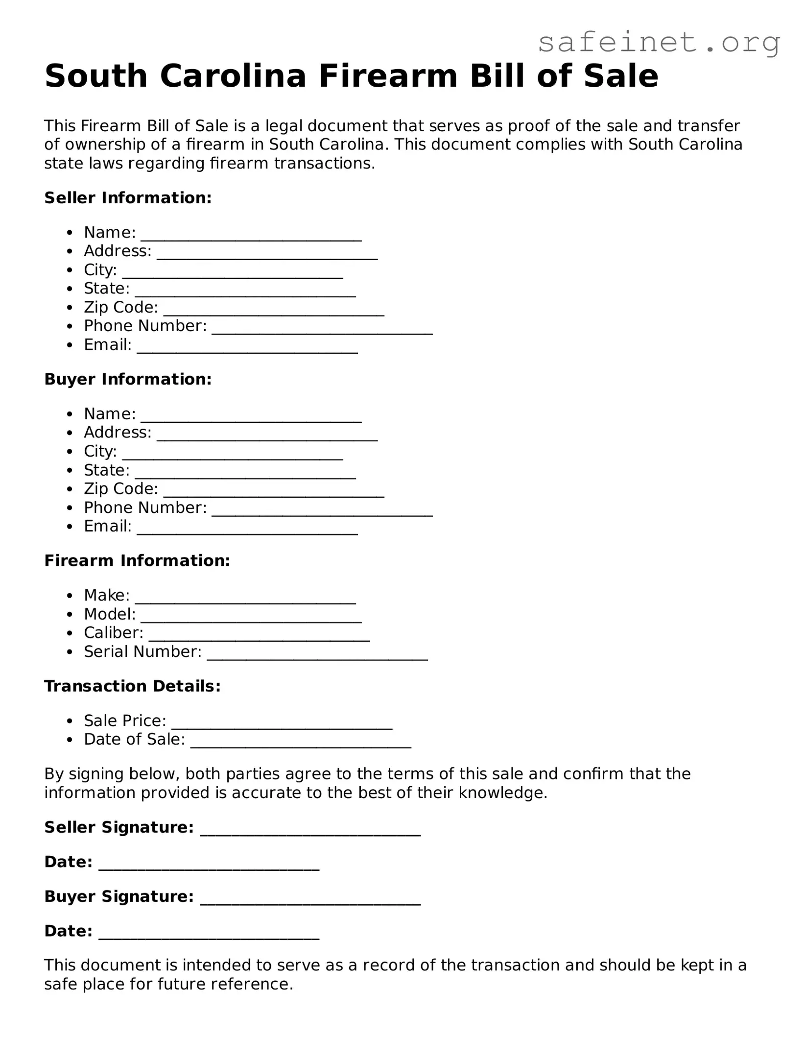 Valid Firearm Bill of Sale Template for the State of South Carolina