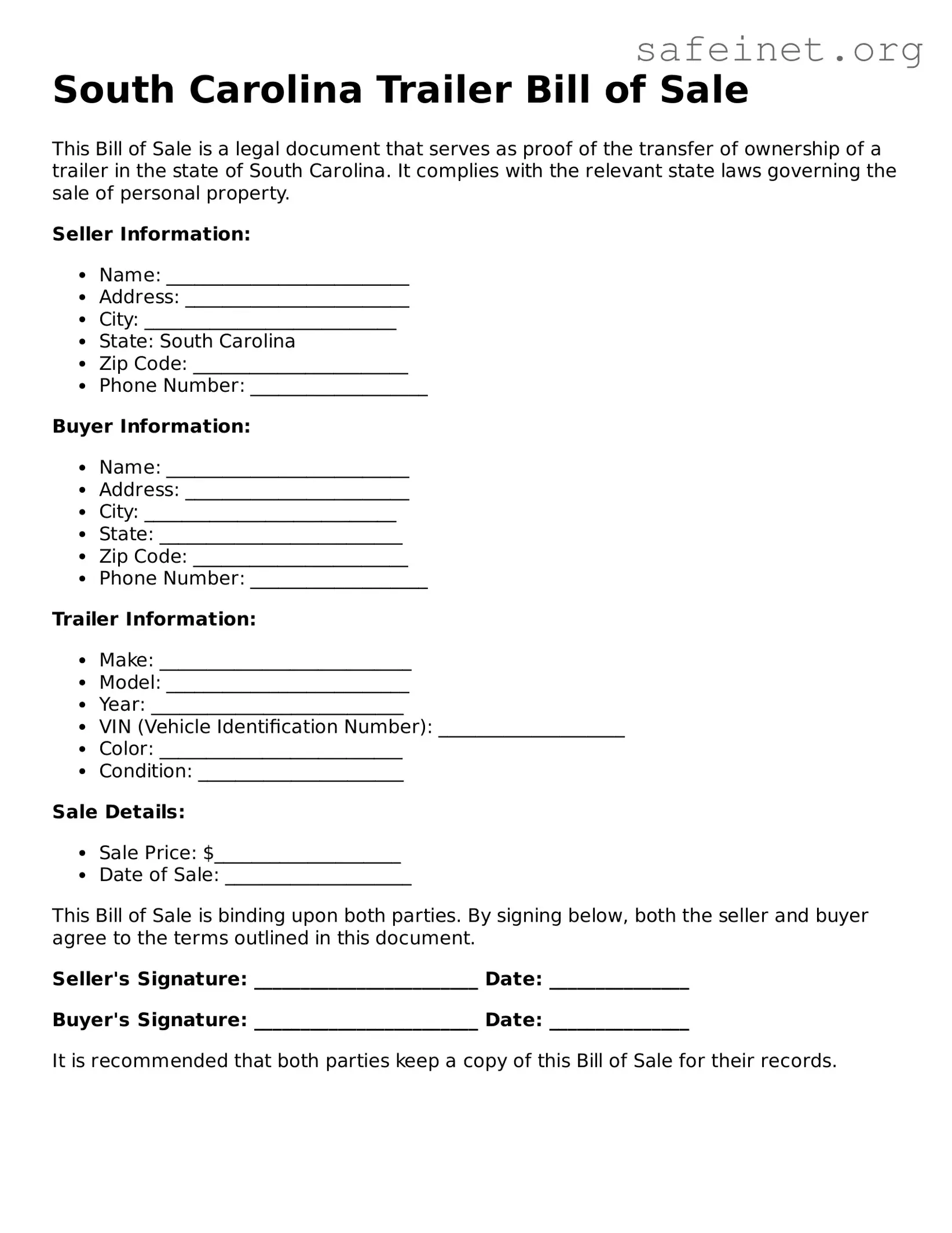 Valid Trailer Bill of Sale Template for the State of South Carolina