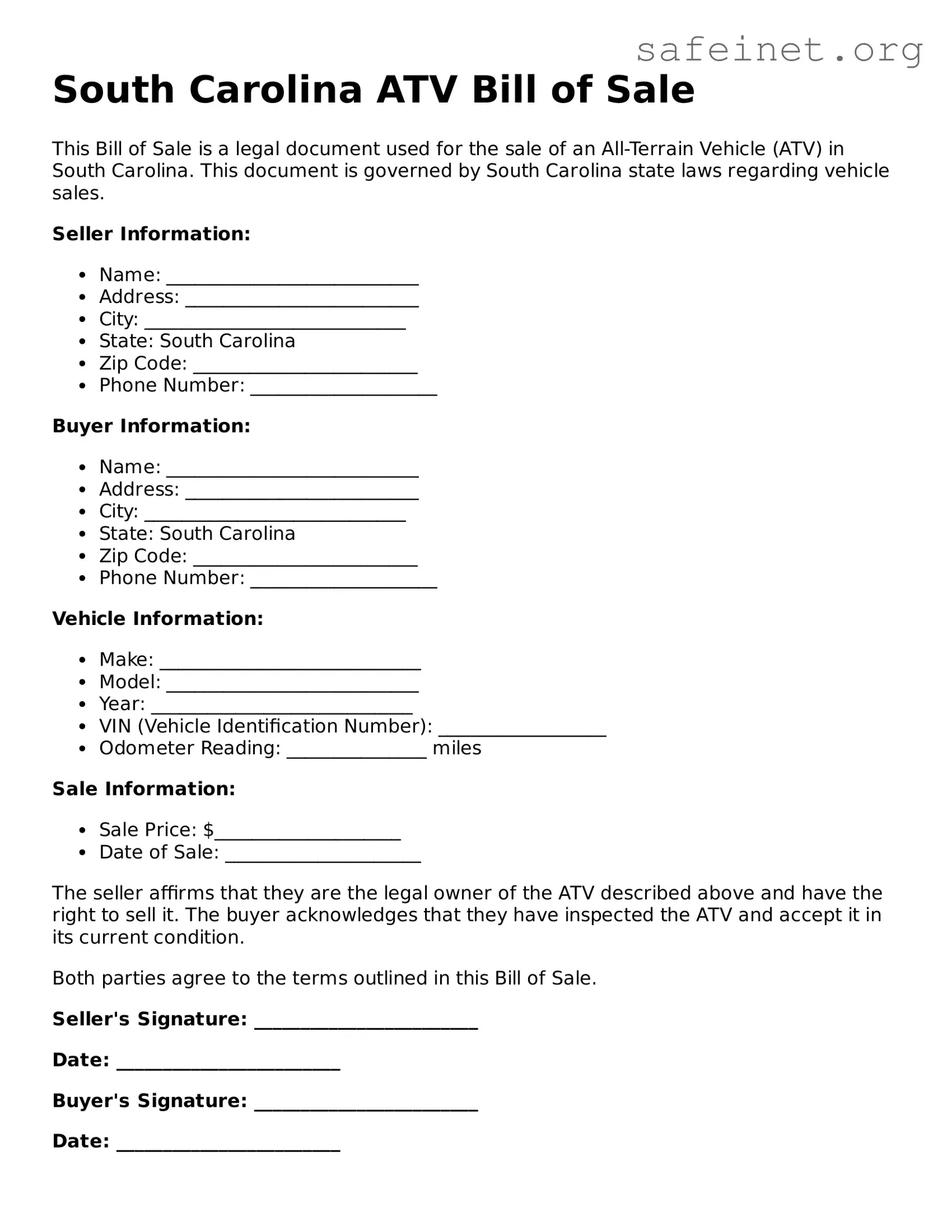 Valid ATV Bill of Sale Template for the State of South Carolina