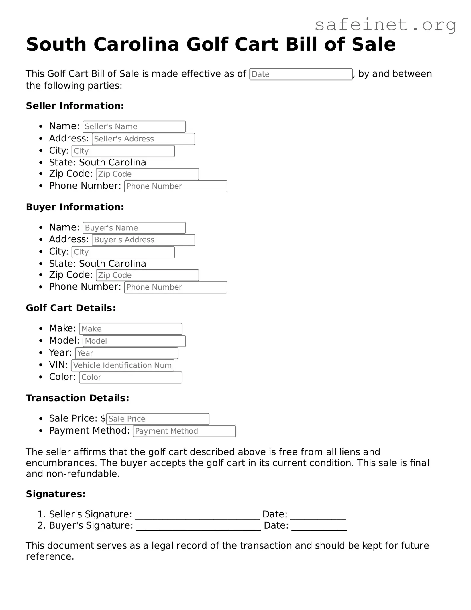 Valid Golf Cart Bill of Sale Template for the State of South Carolina