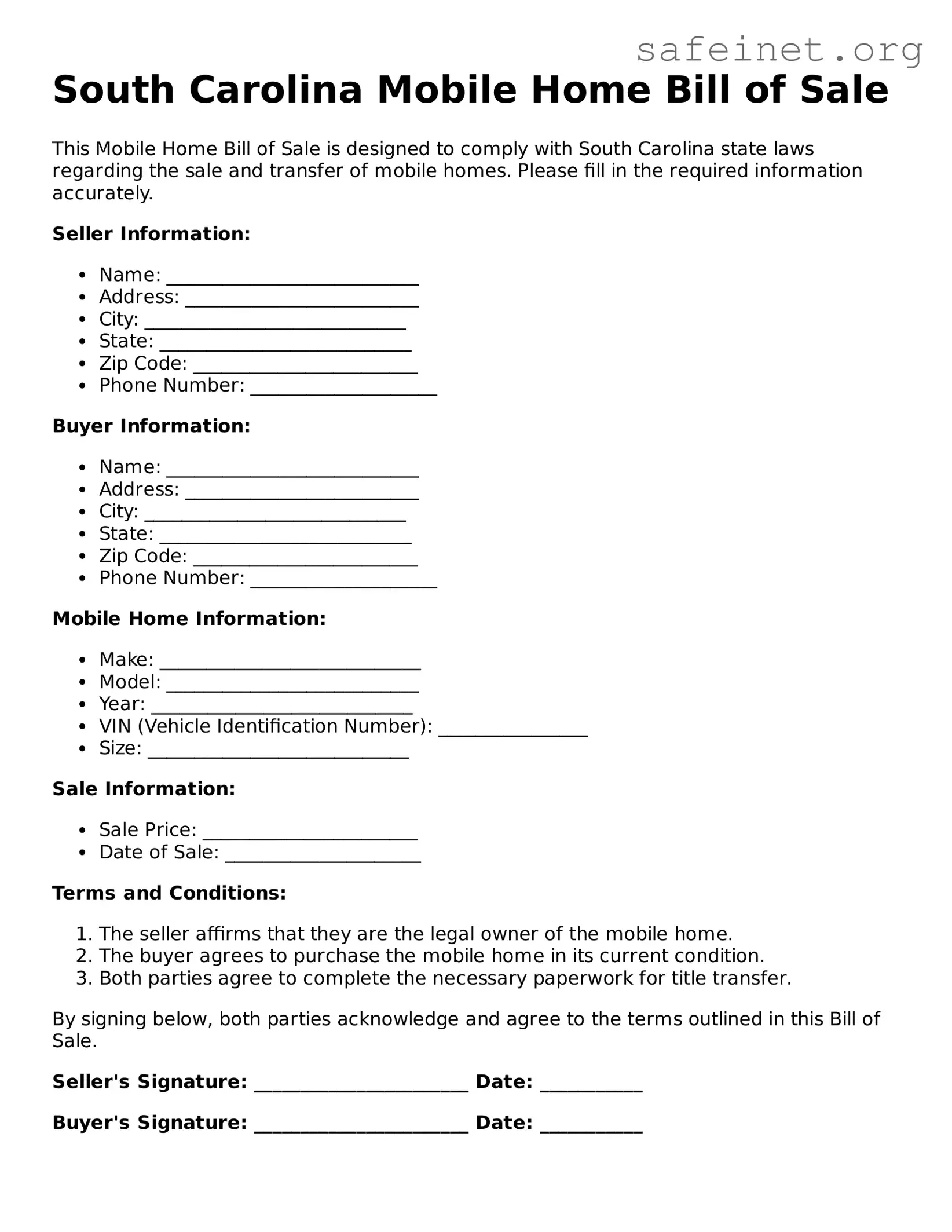Valid Mobile Home Bill of Sale Template for the State of South Carolina