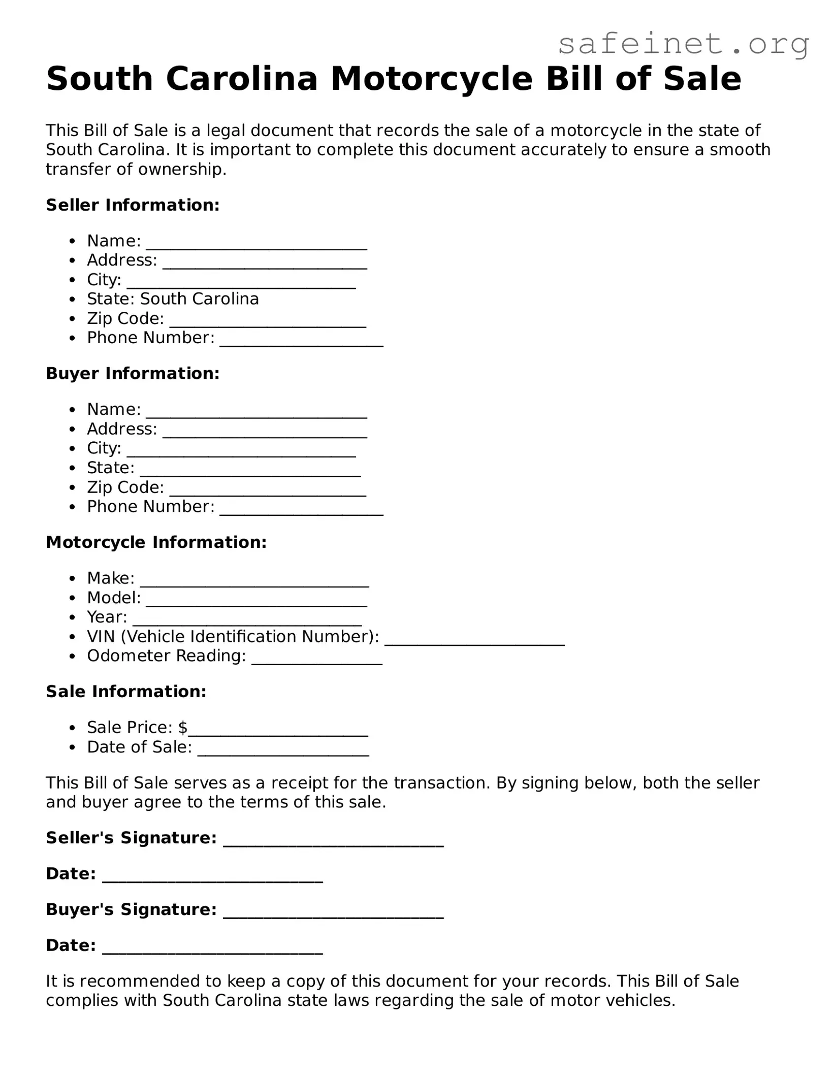 Valid Motorcycle Bill of Sale Template for the State of South Carolina