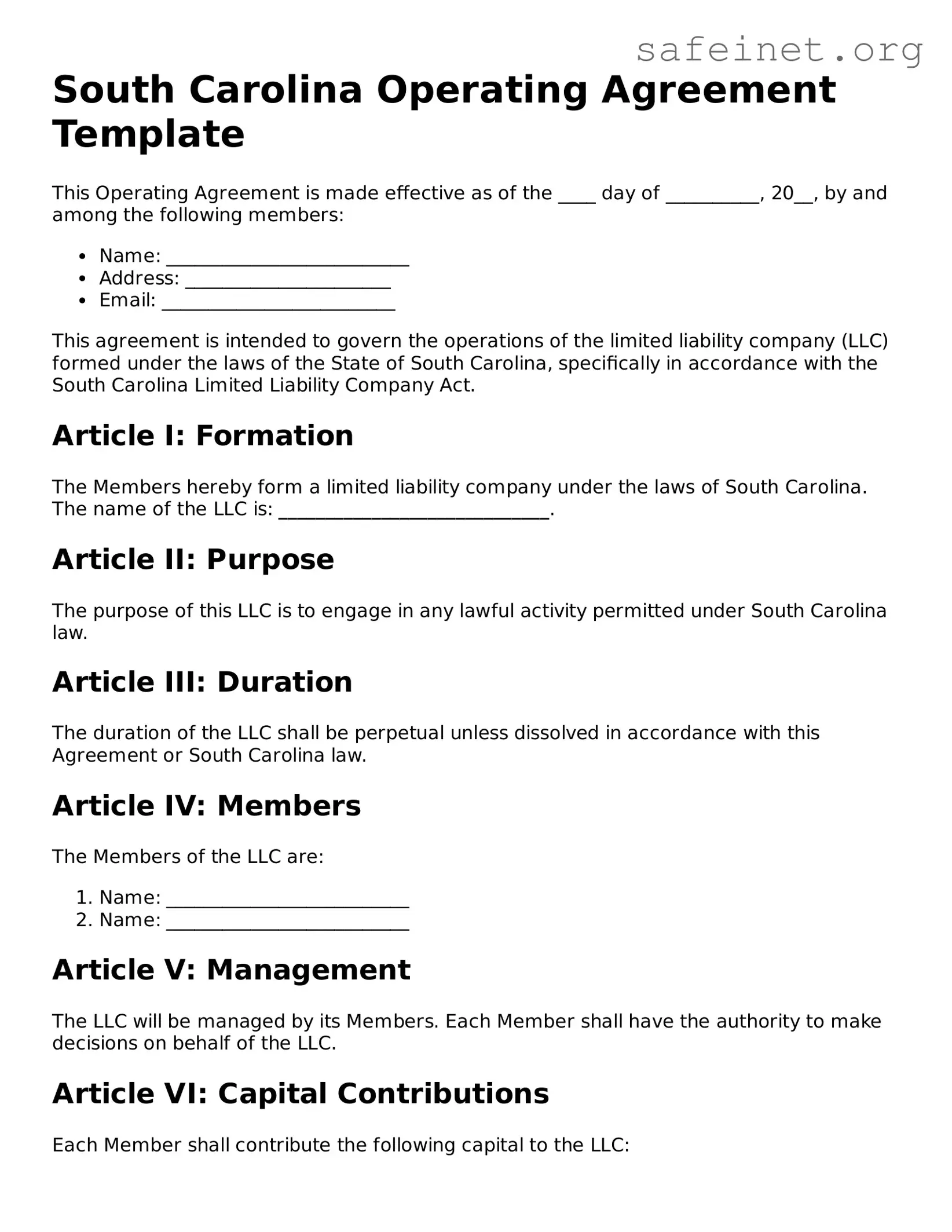 Valid Operating Agreement Template for the State of South Carolina