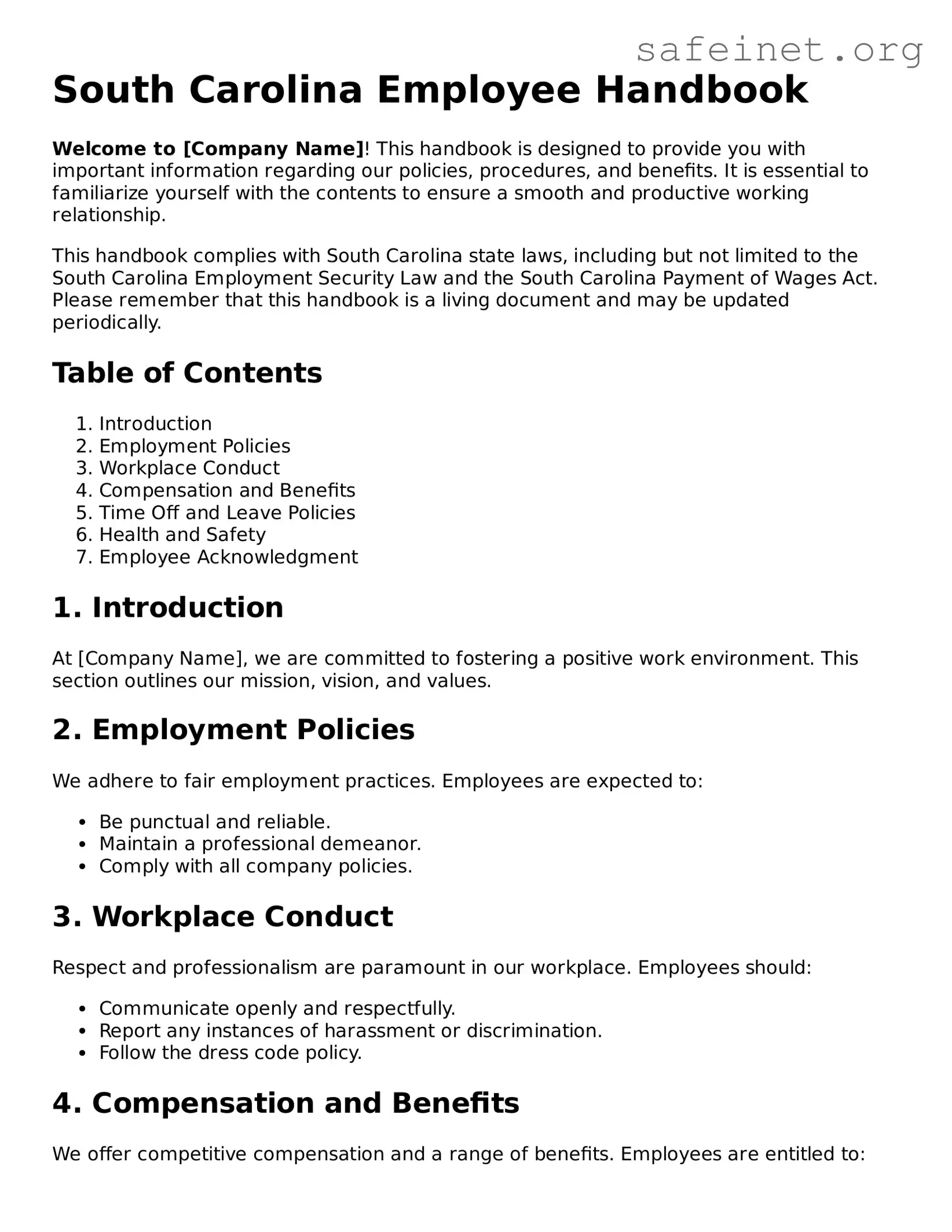 Valid Employee Handbook Template for the State of South Carolina