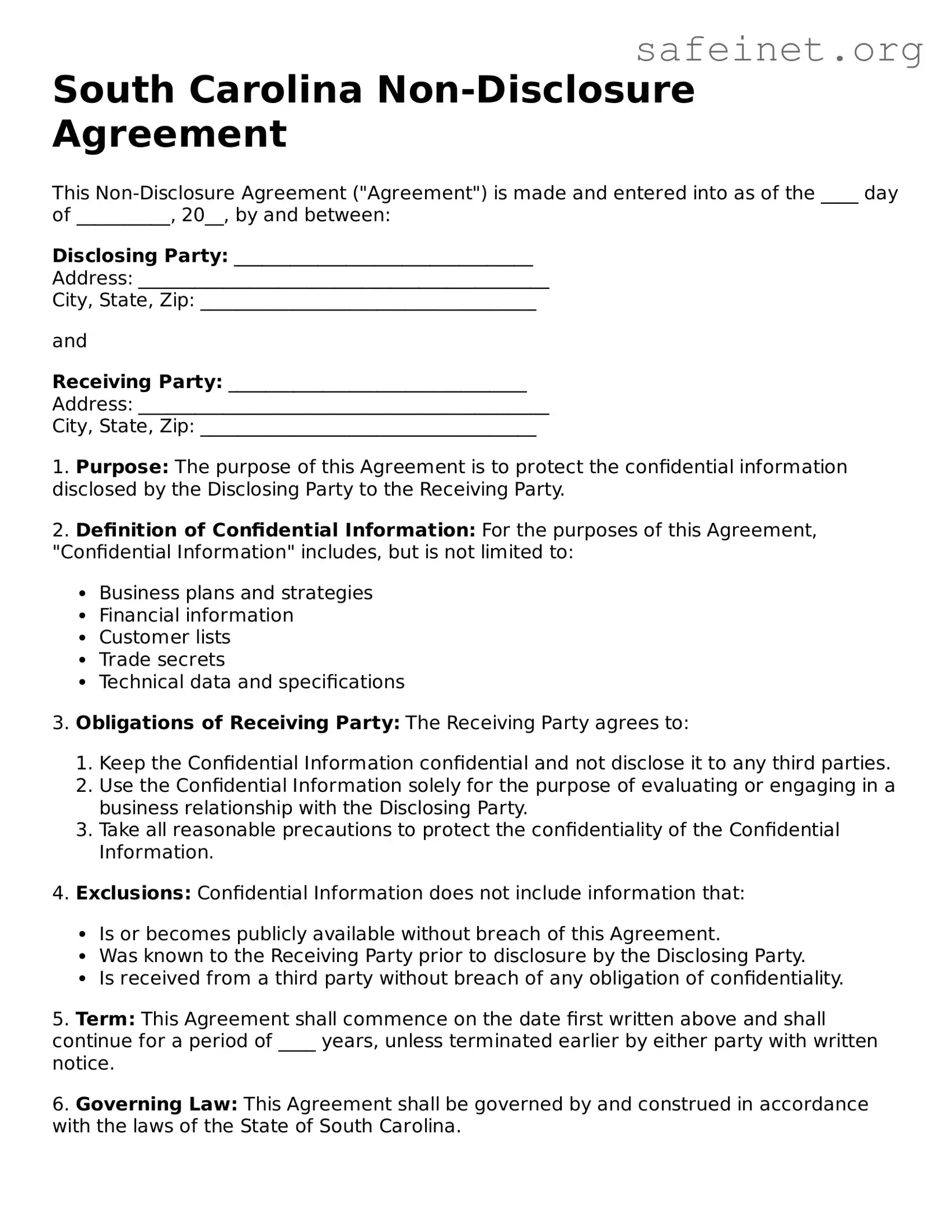 Valid Non-disclosure Agreement Template for the State of South Carolina