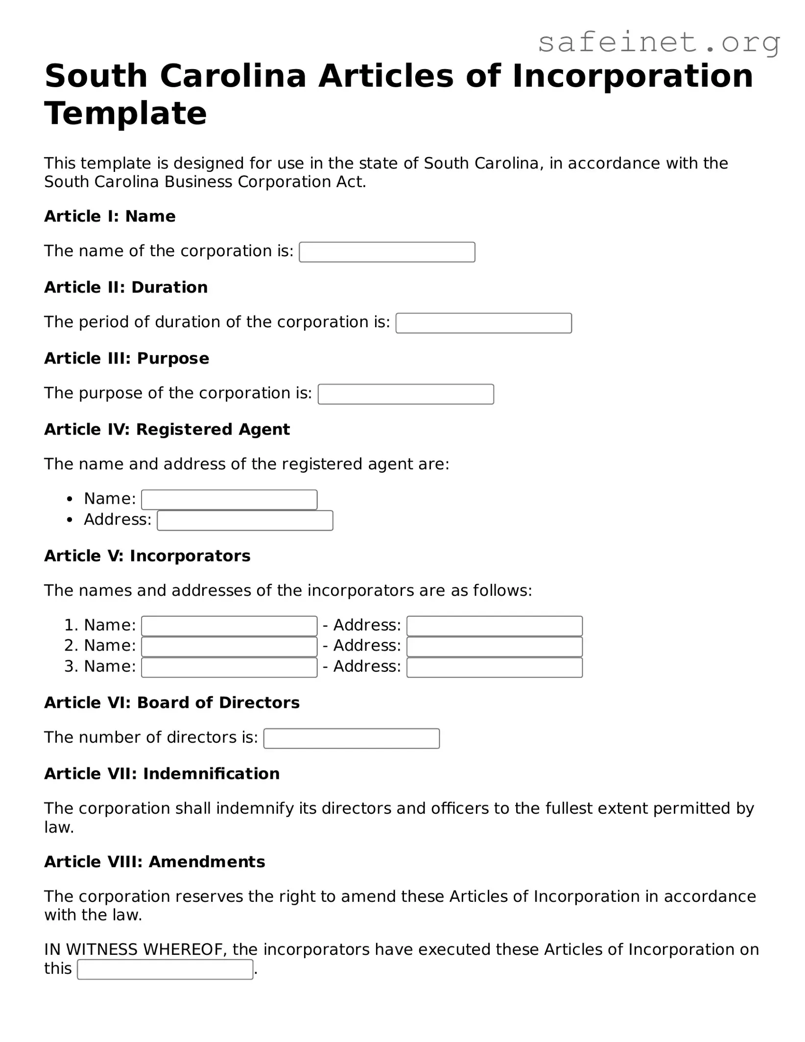 Valid Articles of Incorporation Template for the State of South Carolina