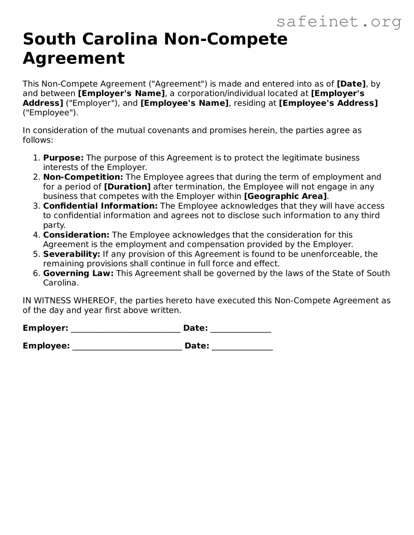 Valid Non-compete Agreement Template for the State of South Carolina